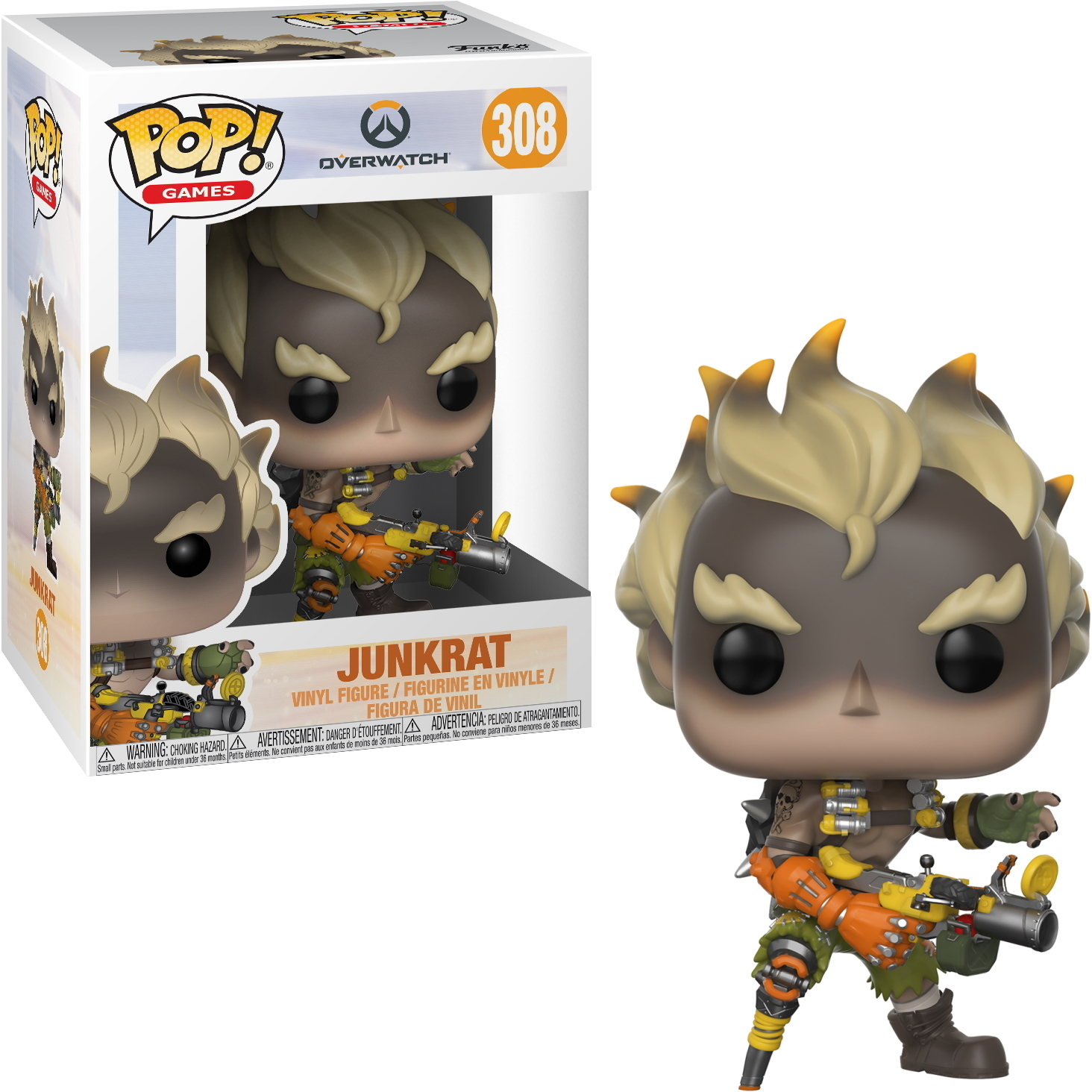 Overwatch Junkrat Figur mit Box. Junkrat hält eine Waffe.