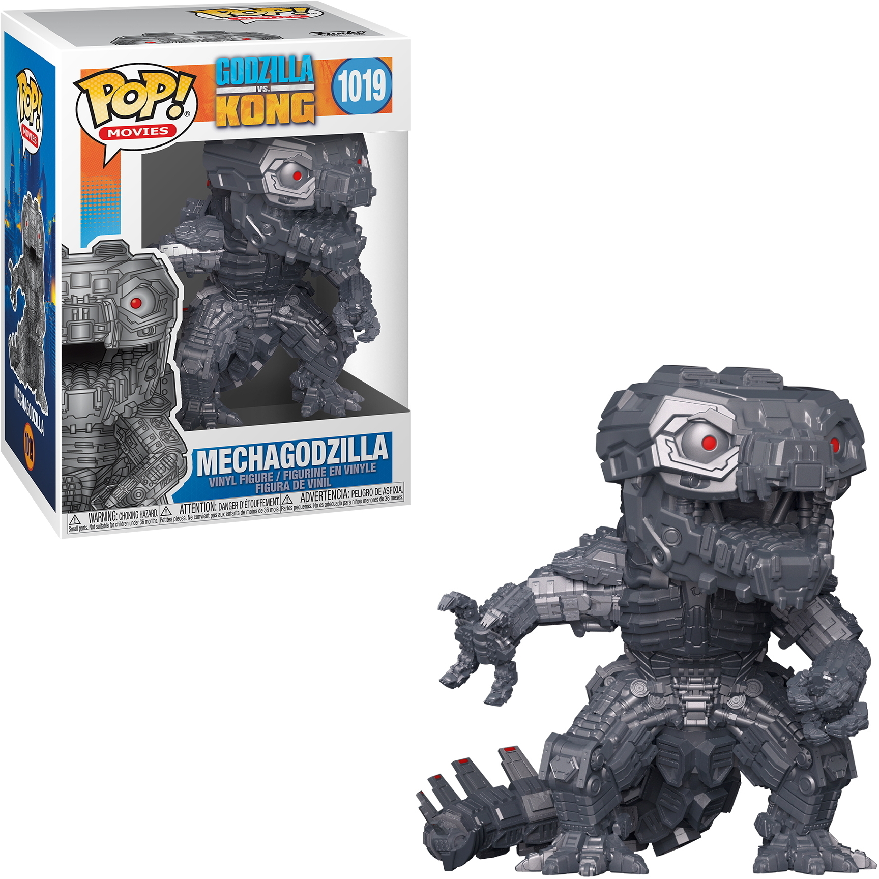 Mechagodzilla-Spielzeugfigur in einer Box und eine Nahaufnahme der Figur.