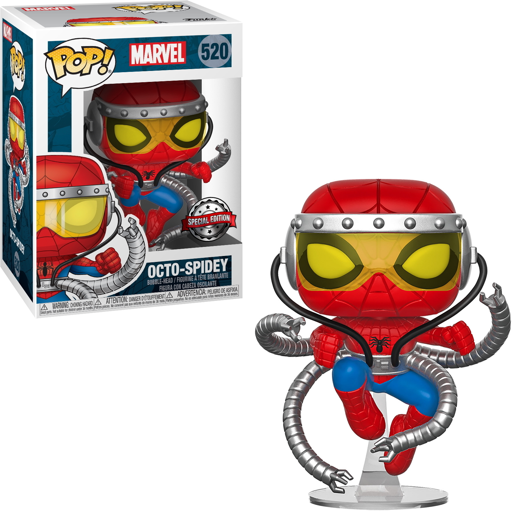Octo-Spidey Funko Pop Figur mit weißer Box. Spiderman Figur mit mechanischen Armen.
