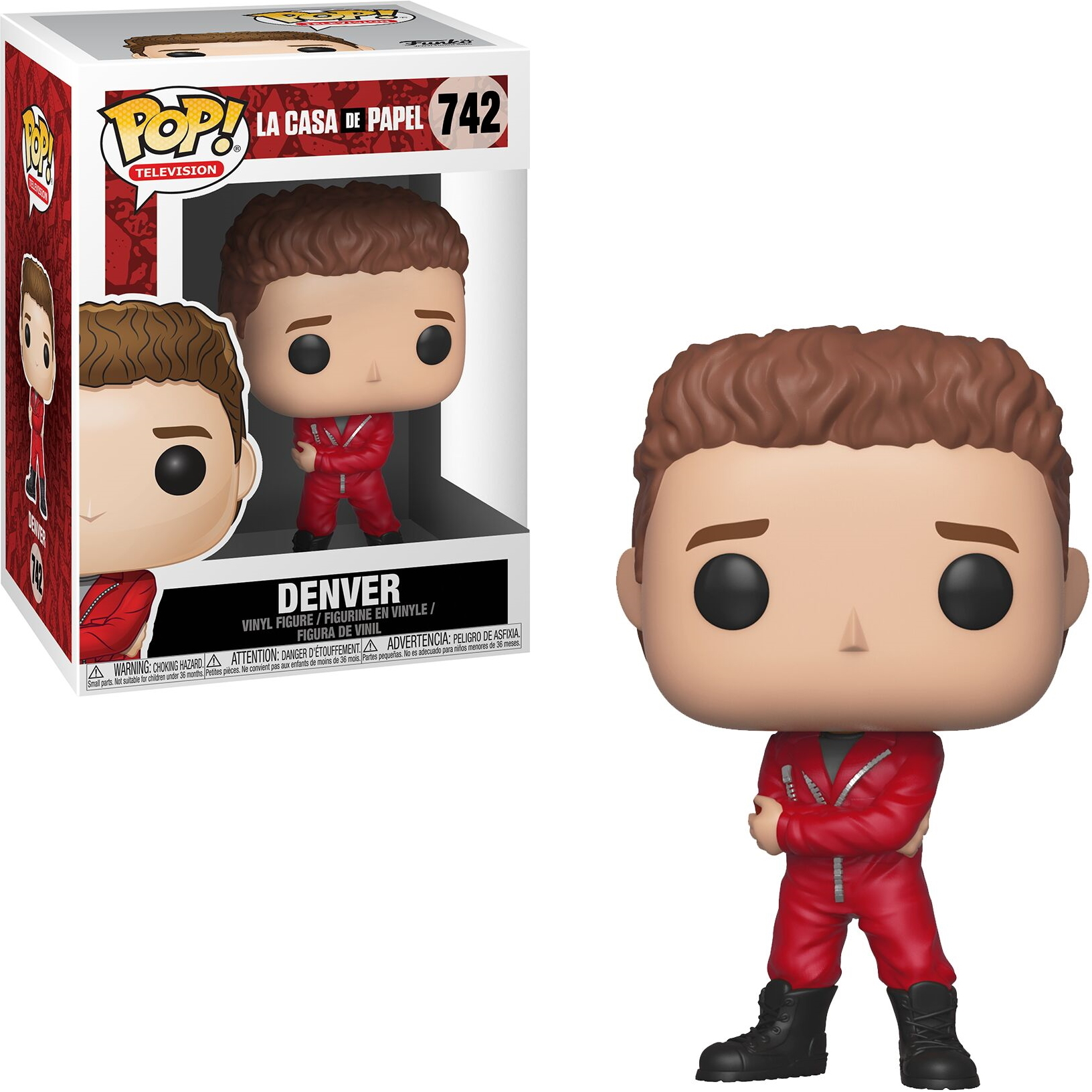 Figura Funko Pop de Denver de La Casa de Papel, en una caja, fondo blanco.