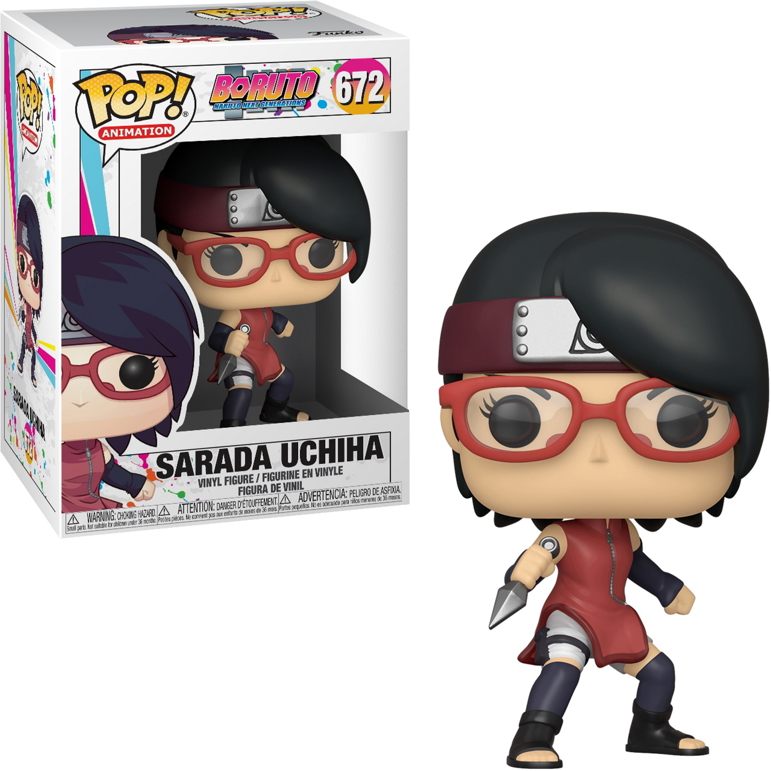 Figura Funko Pop de Sarada Uchiha en caja, con figura sosteniendo un kunai, sobre fondo blanco.