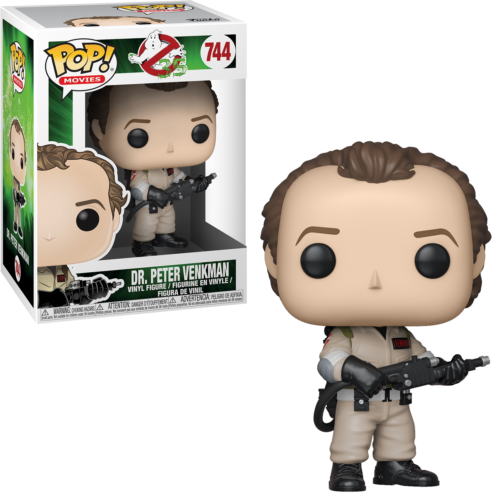 Dr. Peter Venkman Funko Pop Figur mit einer weißen Box. Die Figur ist ein Mann im Ghostbusters-Anzug.