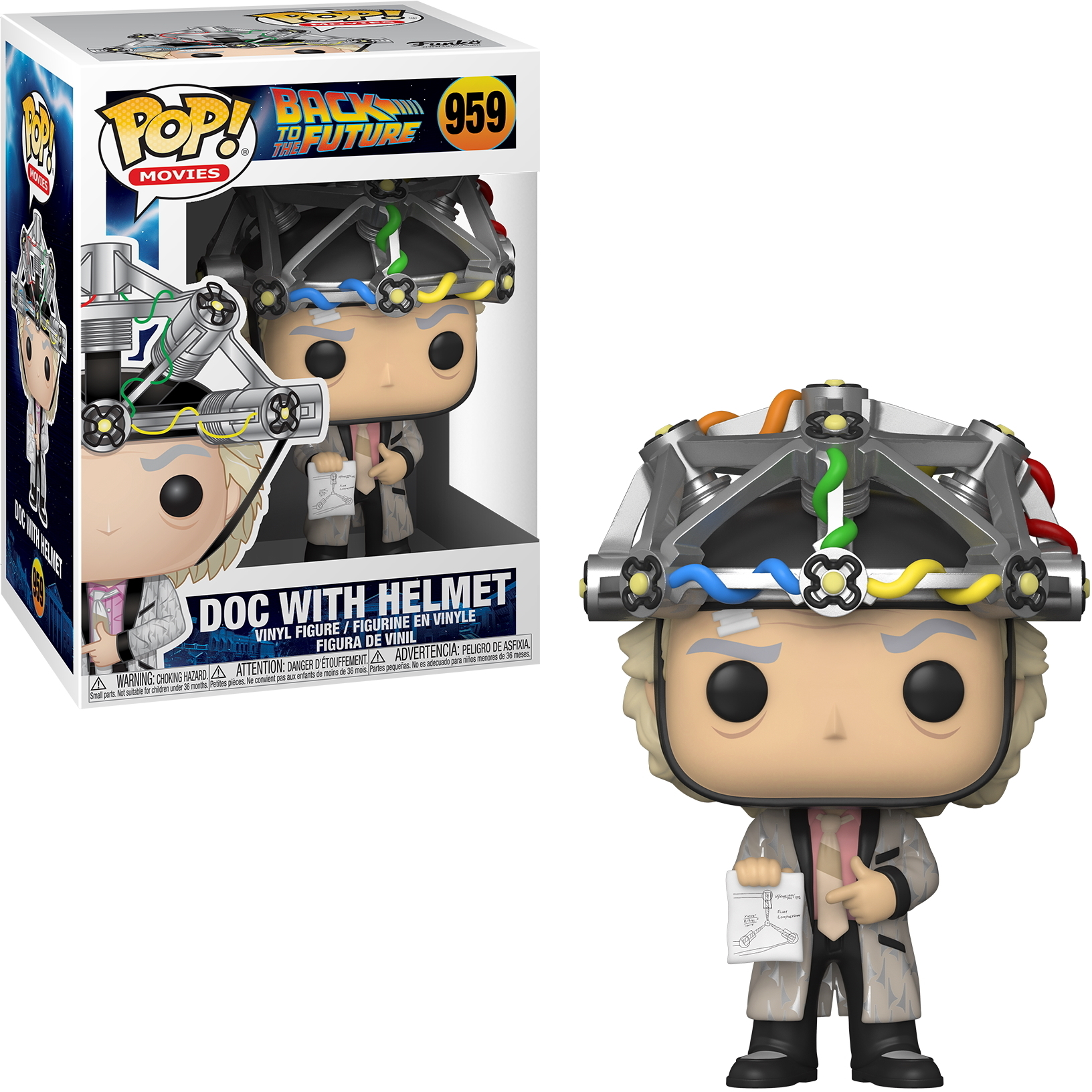 Una figura de vinilo Pop! de Doc Brown de Regreso al Futuro, en una caja.
