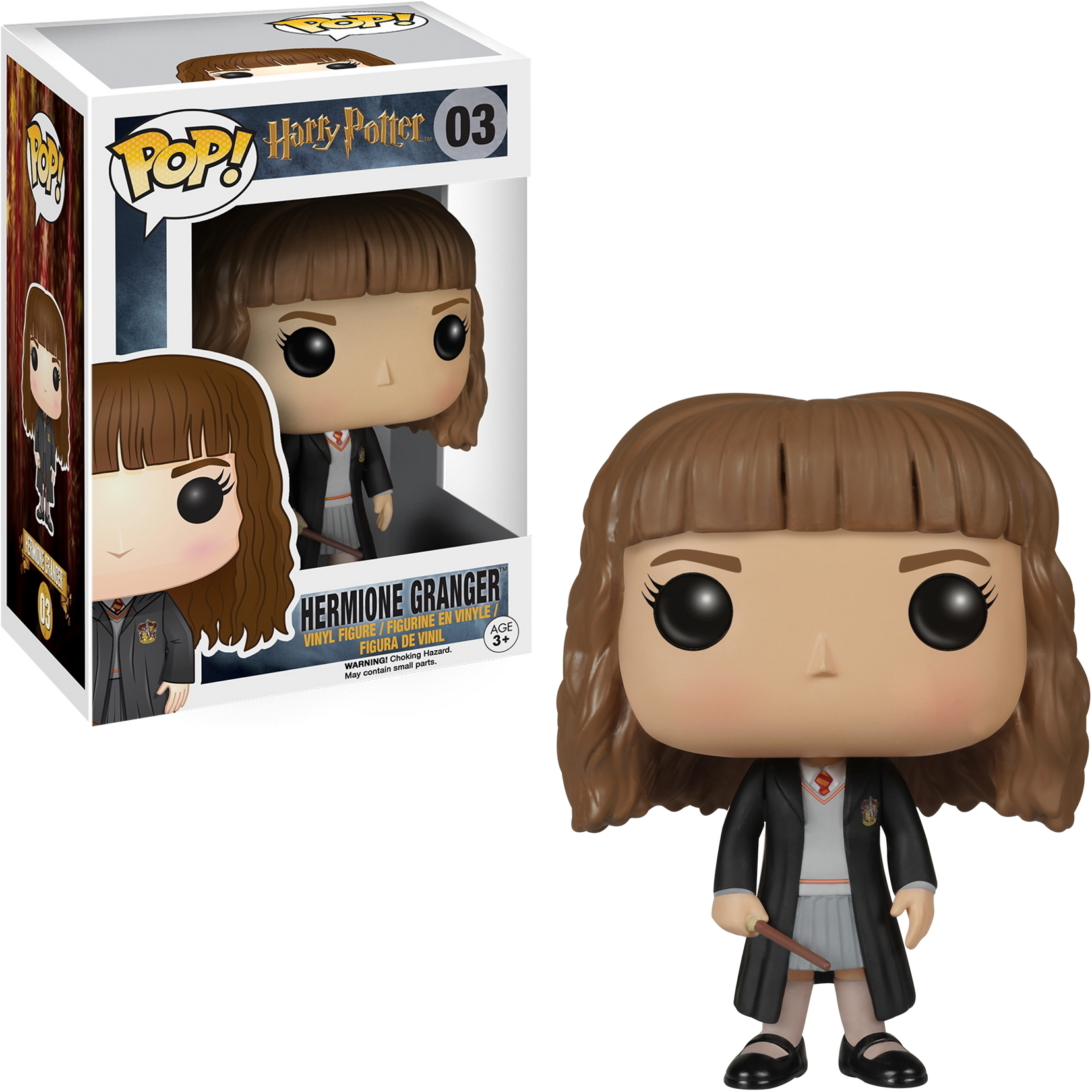 Figurka Funko Pop Hermiony Granger w pudełku. Ma czarną szatę i trzyma różdżkę.
