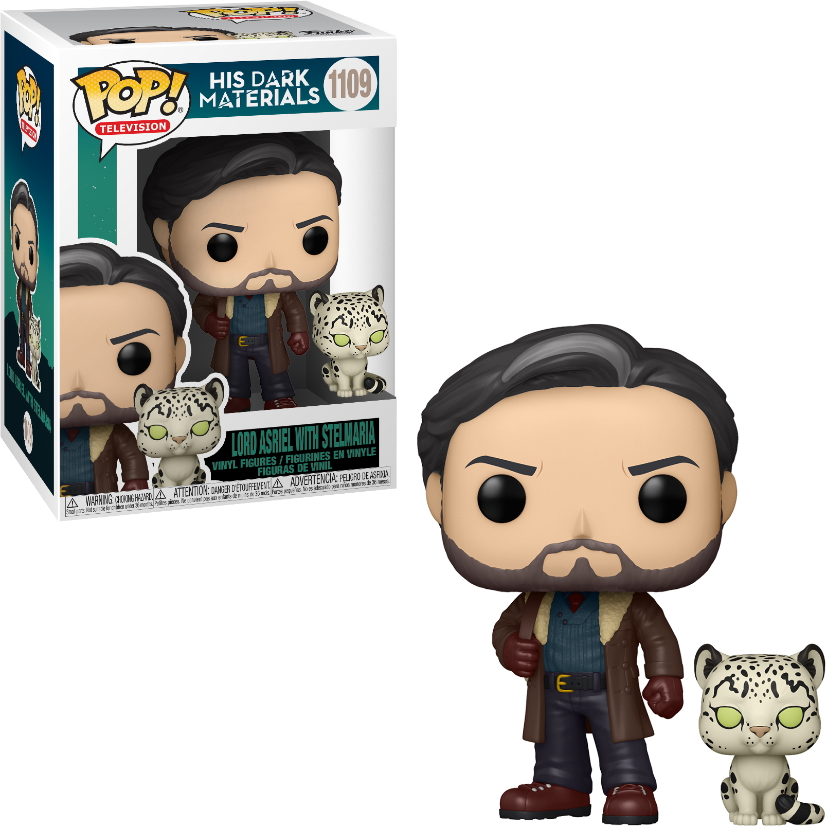 Funko Pop Figur von Lord Asriel mit Stelmaria, aus His Dark Materials, in einer Box.