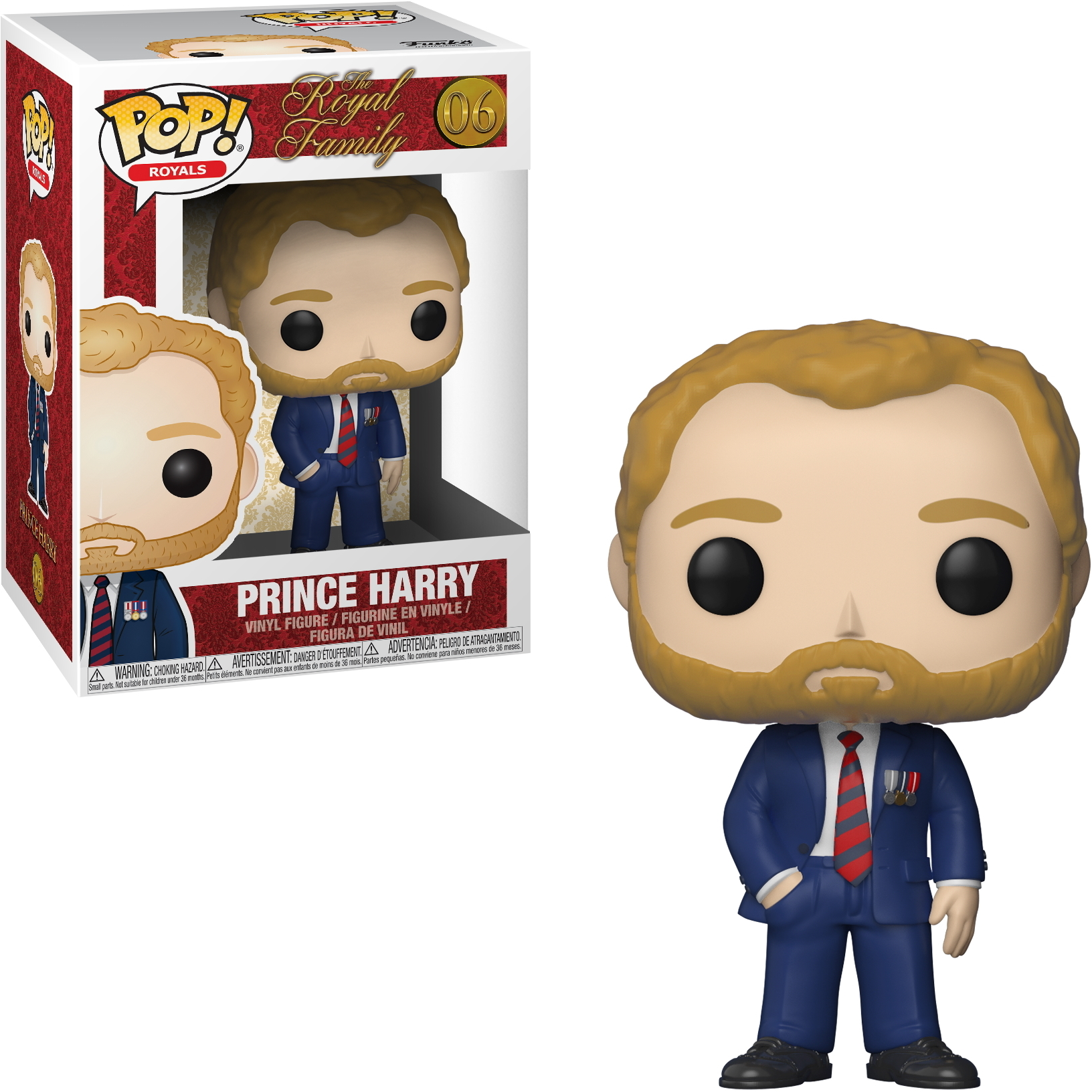 Funko Pop del Principe Harry. Figura in abito blu con cravatta rossa. La scatola mostra.