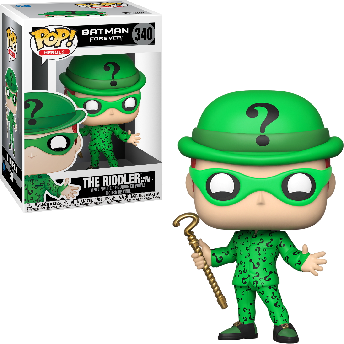 La figura di The Riddler con abito verde e punti interrogativi, in scatola.