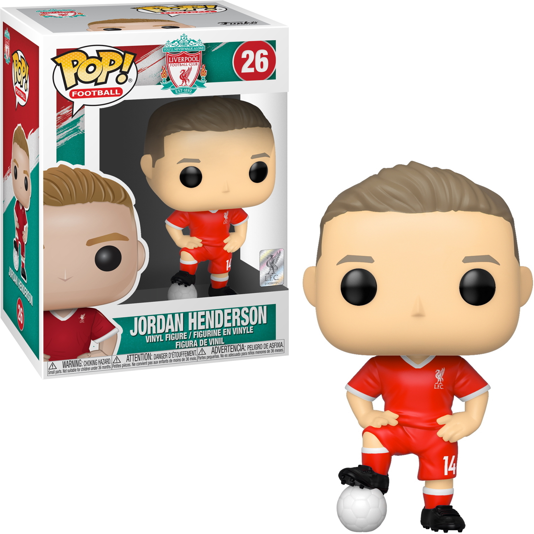 Funko Pop Figur von Jordan Henderson im Liverpool FC-Trikot, mit Fußball und Box.