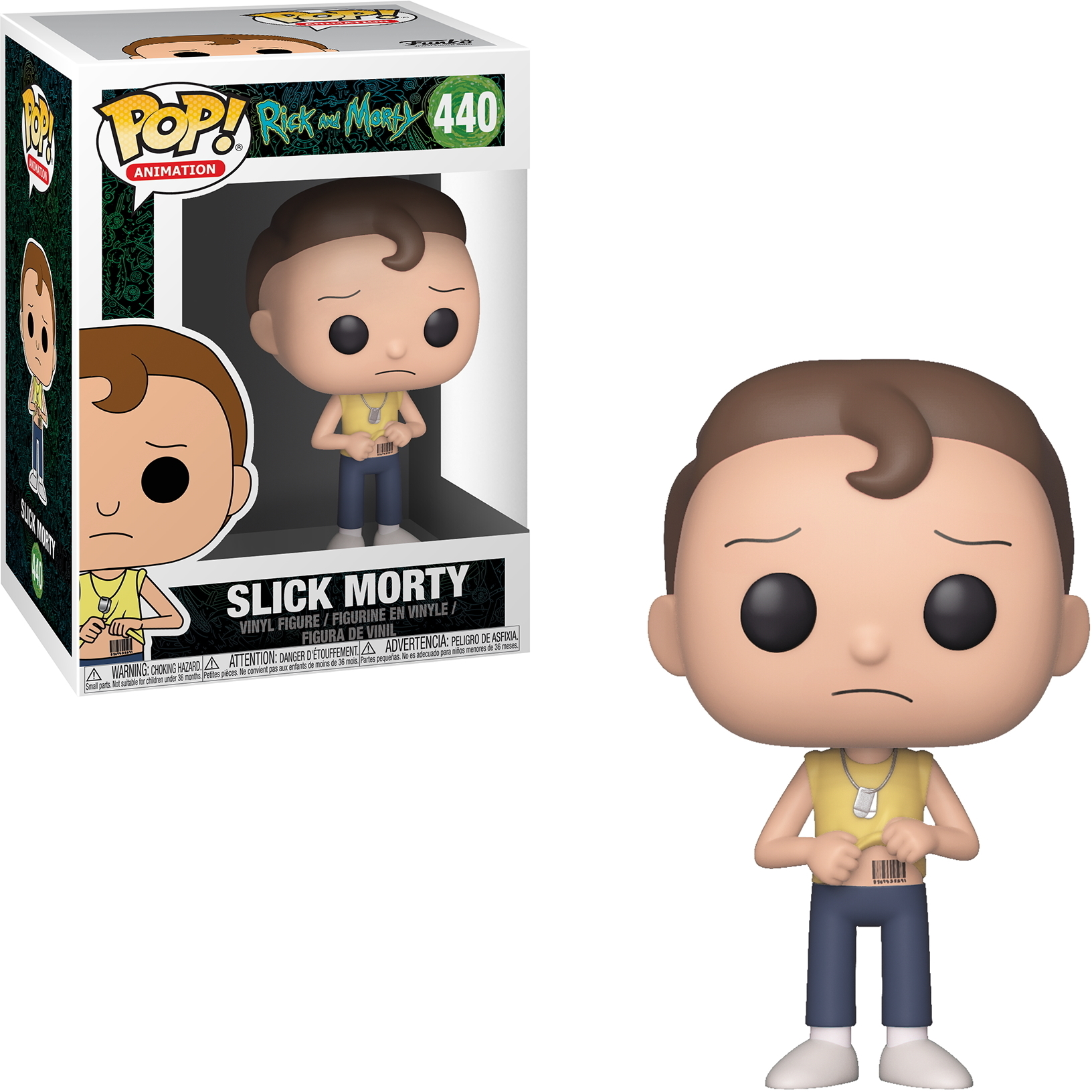 Figurka Funko Pop Slick Morty z Rick and Morty. Ma brązowe włosy, żółtą koszulę i niebieskie dżinsy.