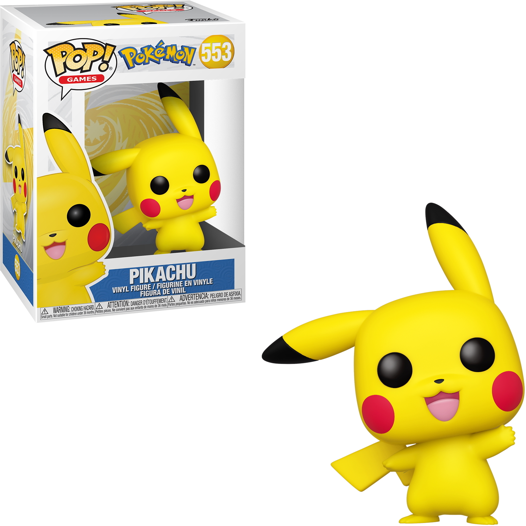 Pikachu-Figur in einer Box. Gelbe Figur mit roten Wangen und schwarzen Ohrspitzen.