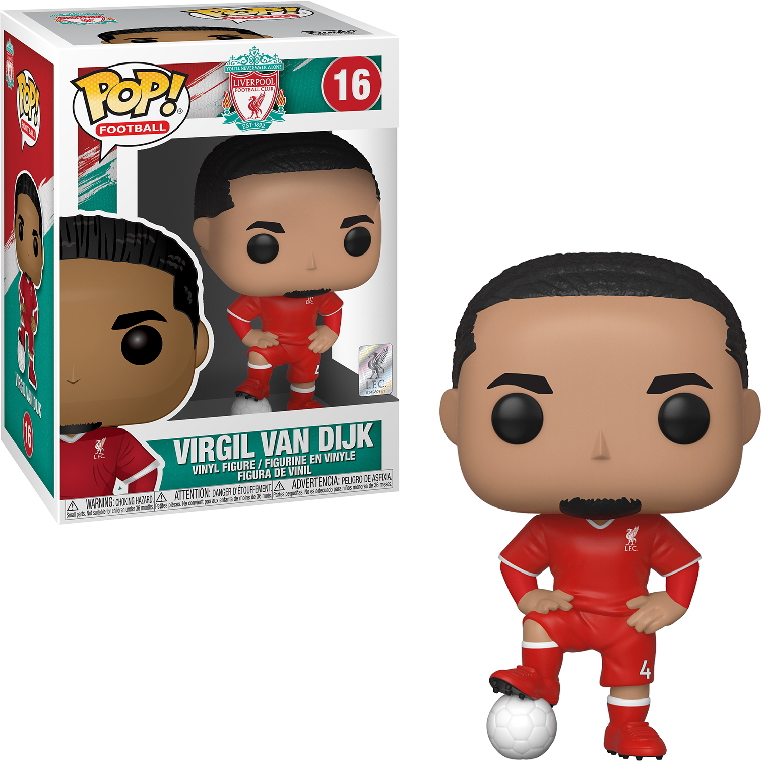 Eine Figur von Virgil van Dijk aus Liverpool, in roter Uniform. Die Figur steht auf weißem Hintergrund.