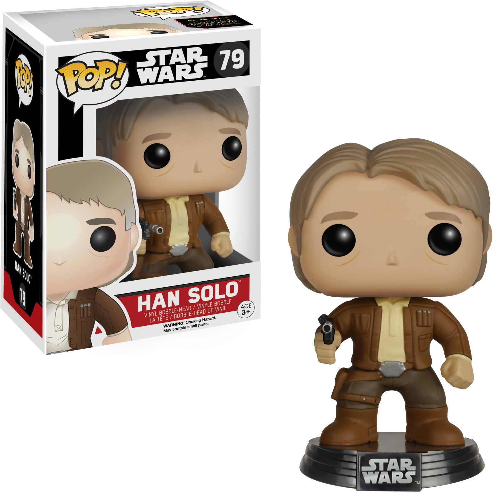 Star Wars Han Solo Figur mit Box. Die Figur hat einen Blaster und steht auf einem schwarzen Ständer.