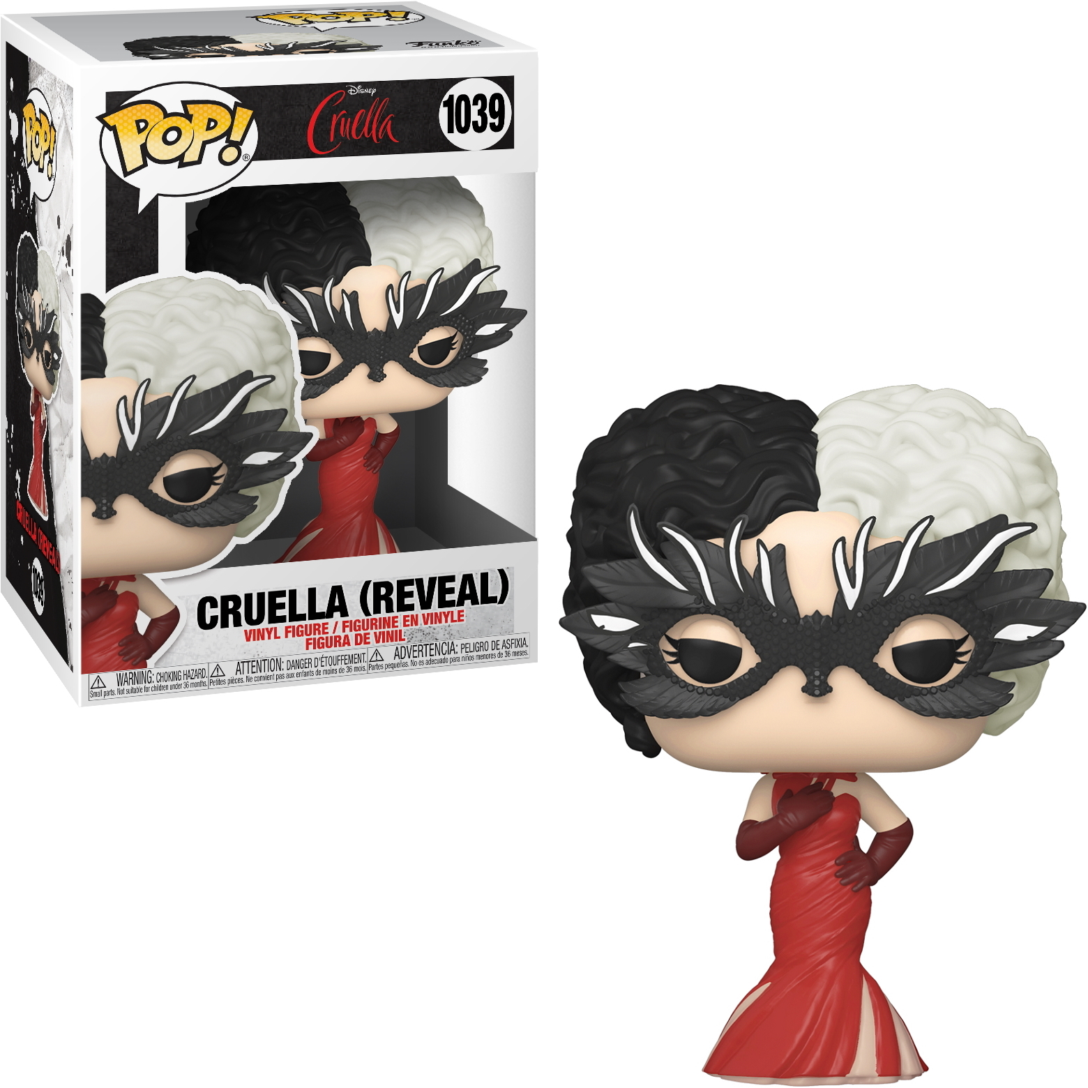 Funko Pop von Cruella. Sie hat schwarz-weißes Haar, eine schwarze Maske und ein rotes Kleid.