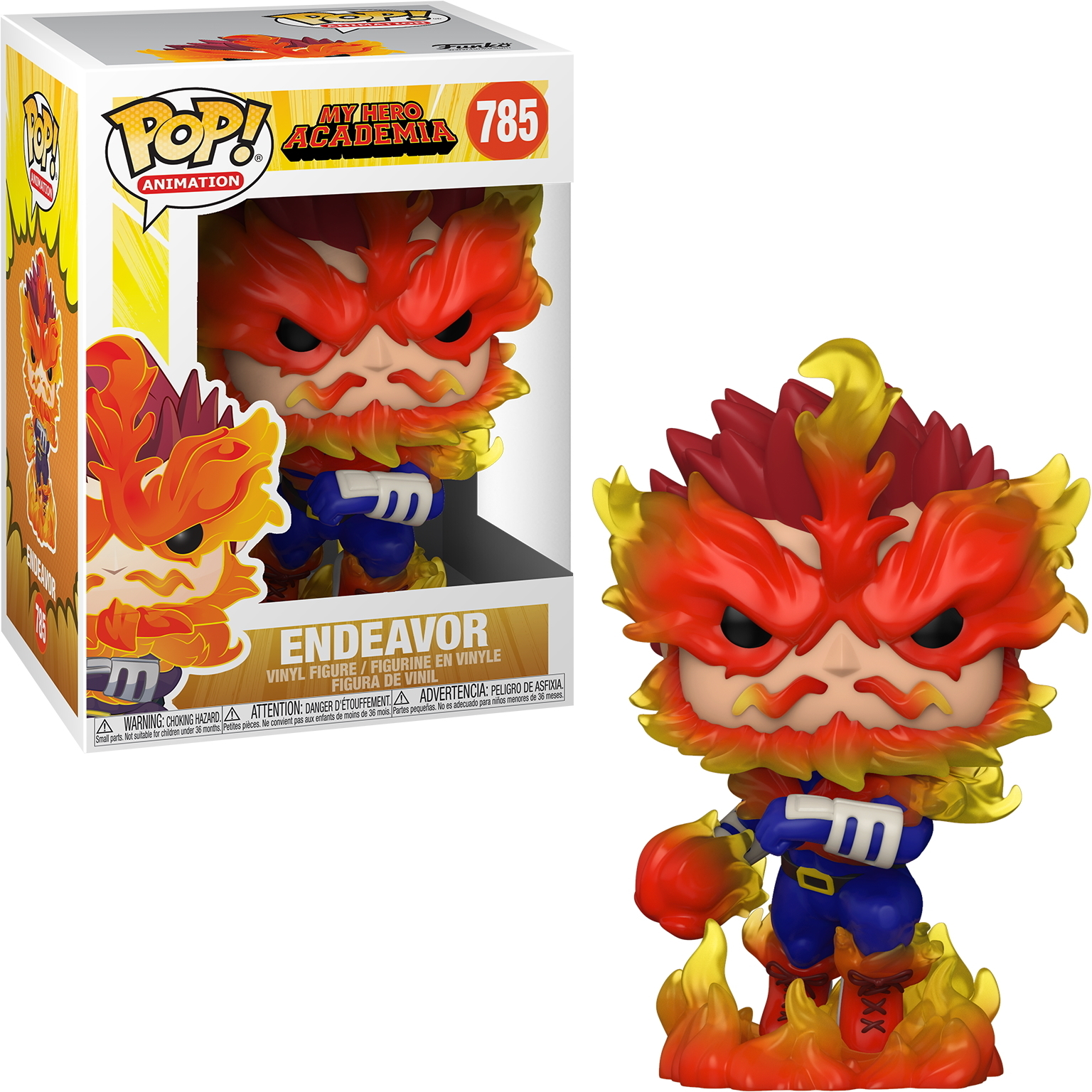 Figurka Endeavor Pop! z My Hero Academia, z pudełkiem pokazującym figurkę.