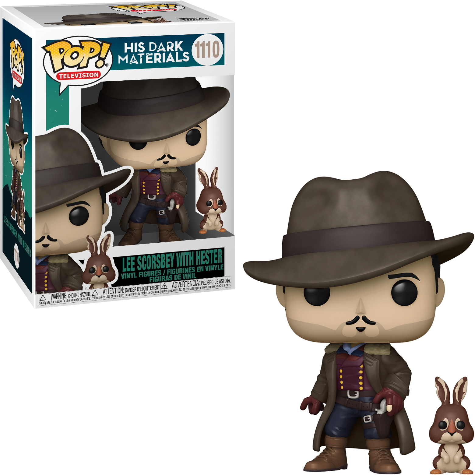 Funko Pop von Lee Scoresby mit Hester, einem Kaninchen. Eine Box ist ebenfalls vorhanden.