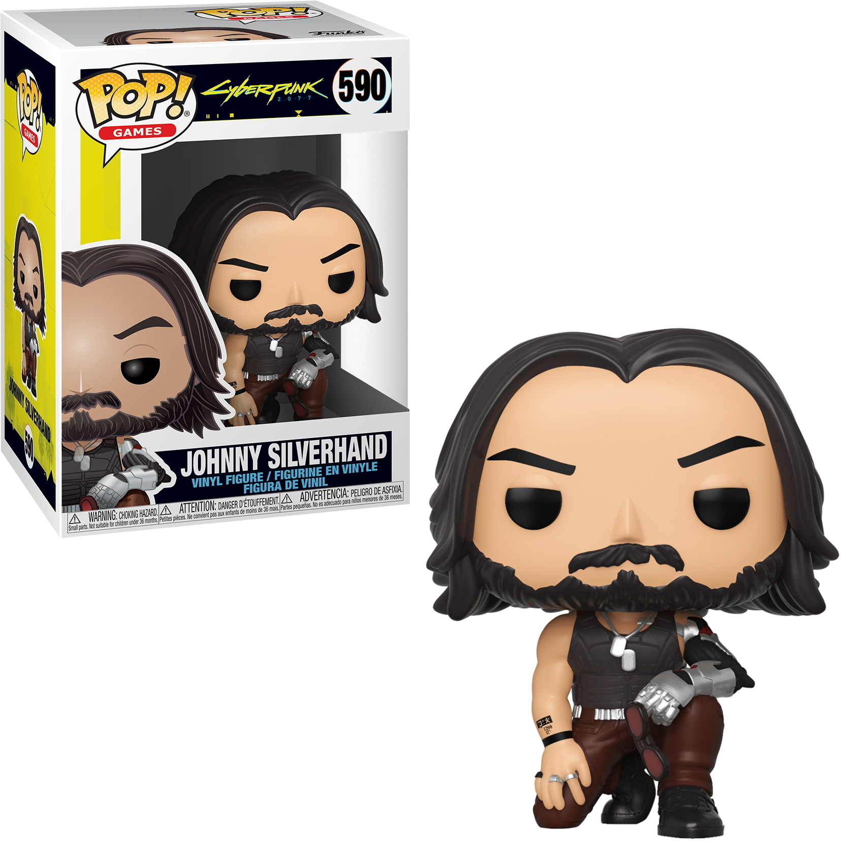 Johnny Silverhand Funko Pop Figur in einer Box. Die Figur kniet mit Metallarm.