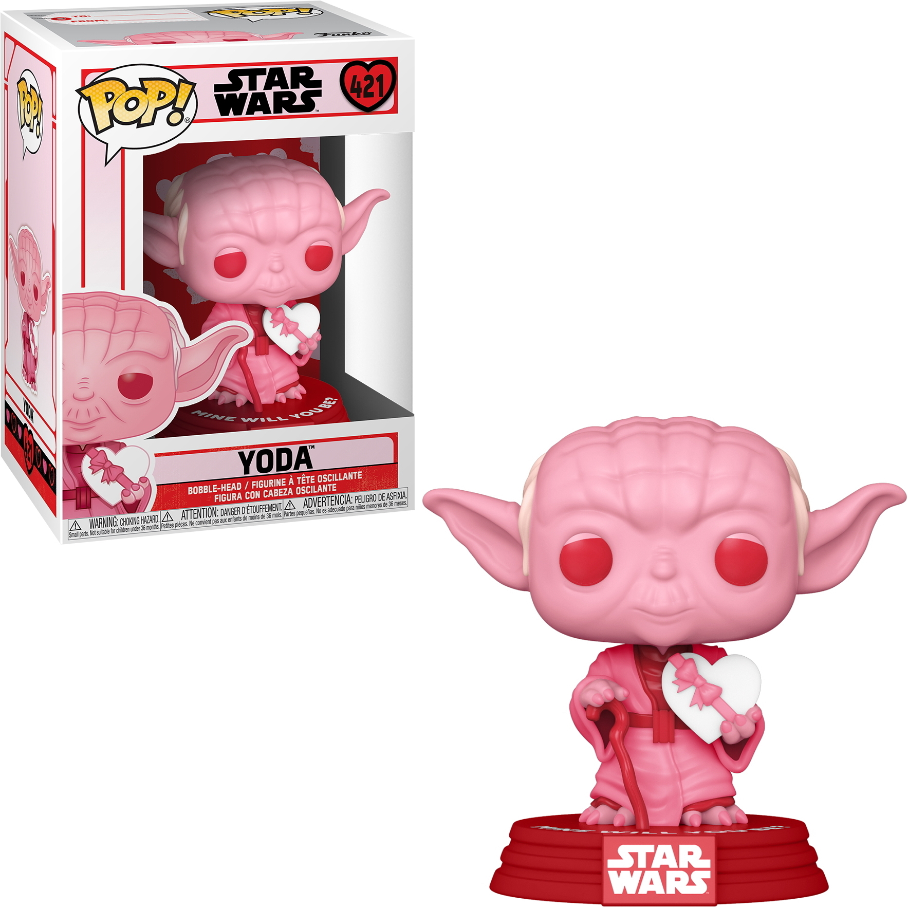 Rosa Yoda-Figur mit Herz, in einer Star Wars-Box. Wackelkopf-Spielzeug.