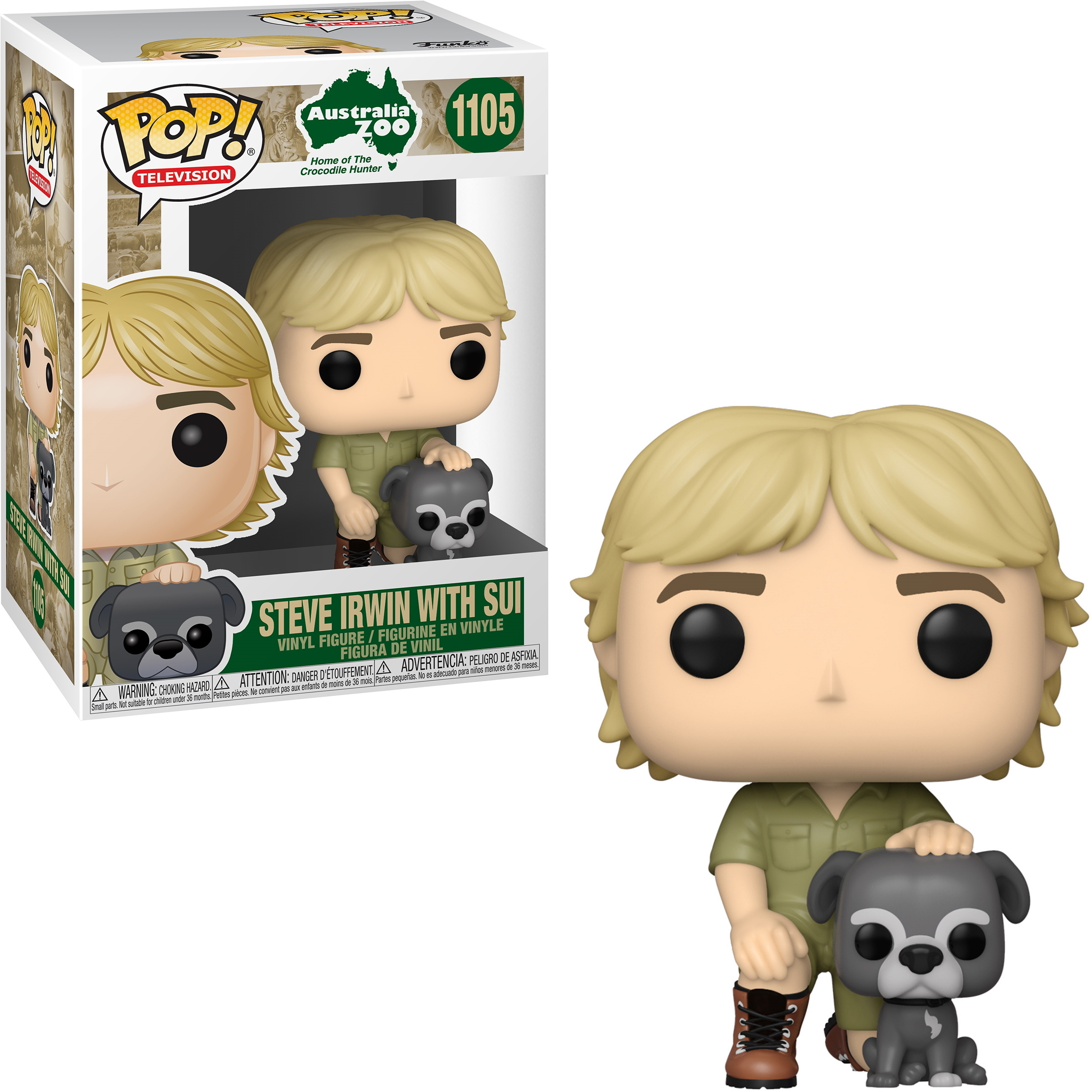 Funko Pop Figur von Steve Irwin, mit einem Hund, in einer Box.