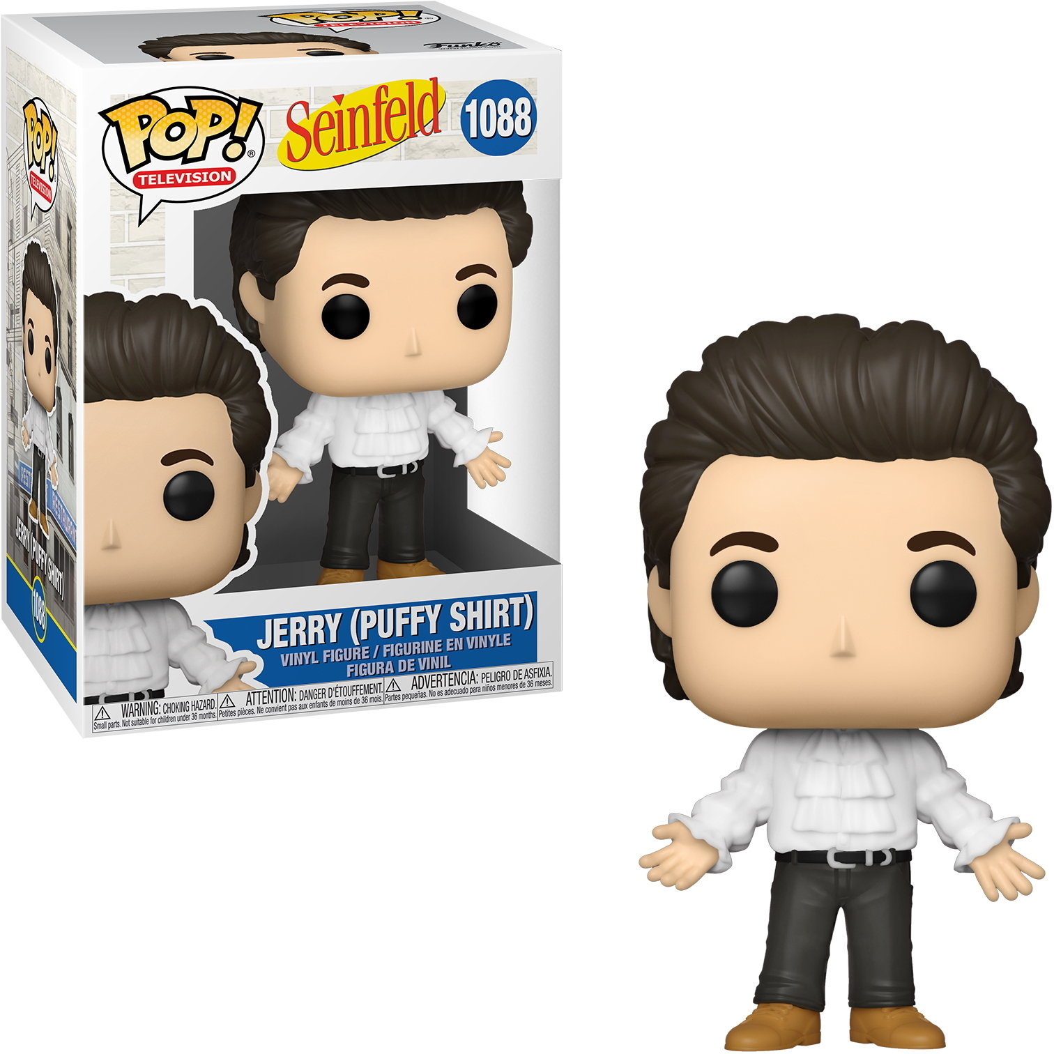Funko Pop von Jerry Seinfeld im Puffärmelhemd, mit Box.