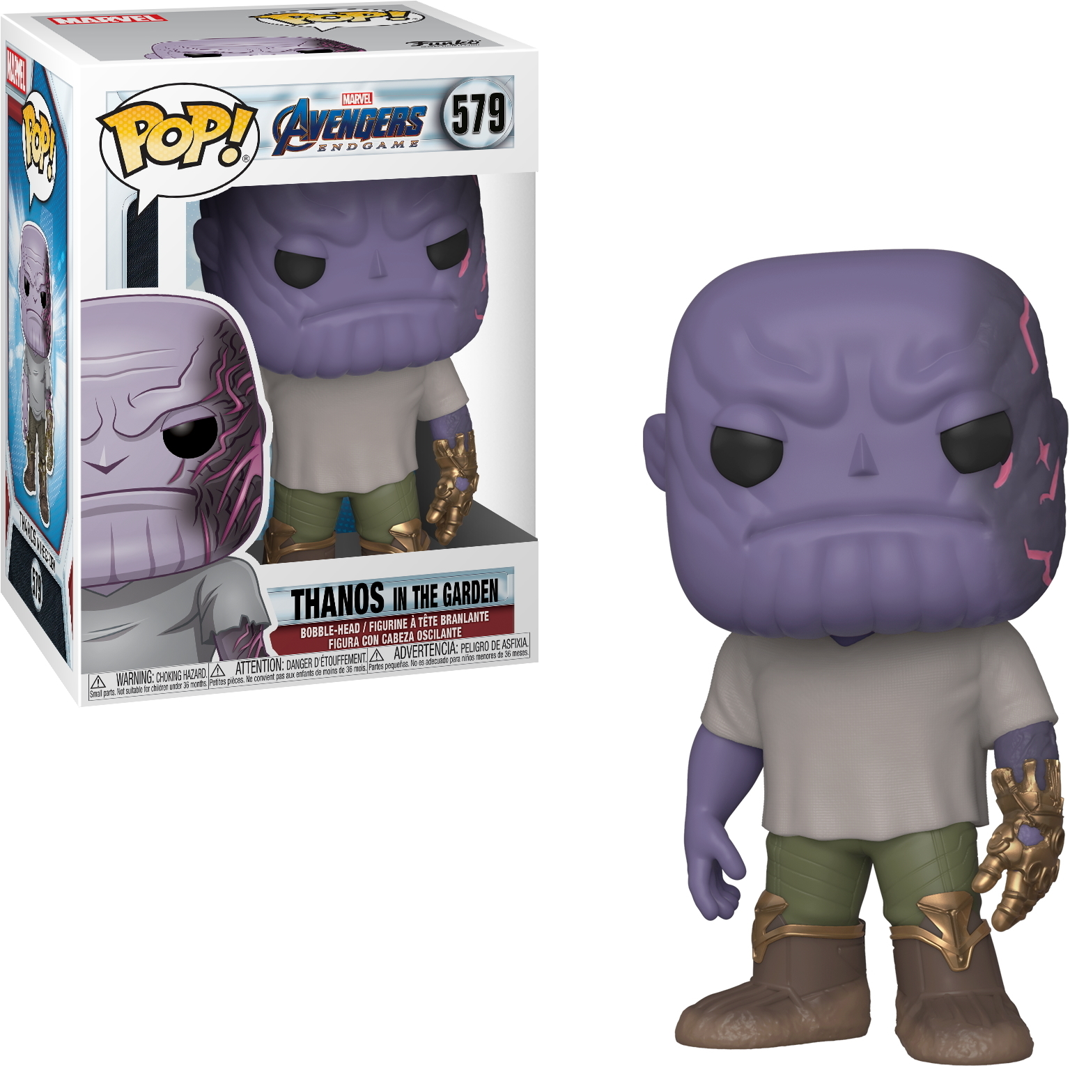 Funko Pop Thanosa w ogrodzie. Figurka i pudełko z grafiką.