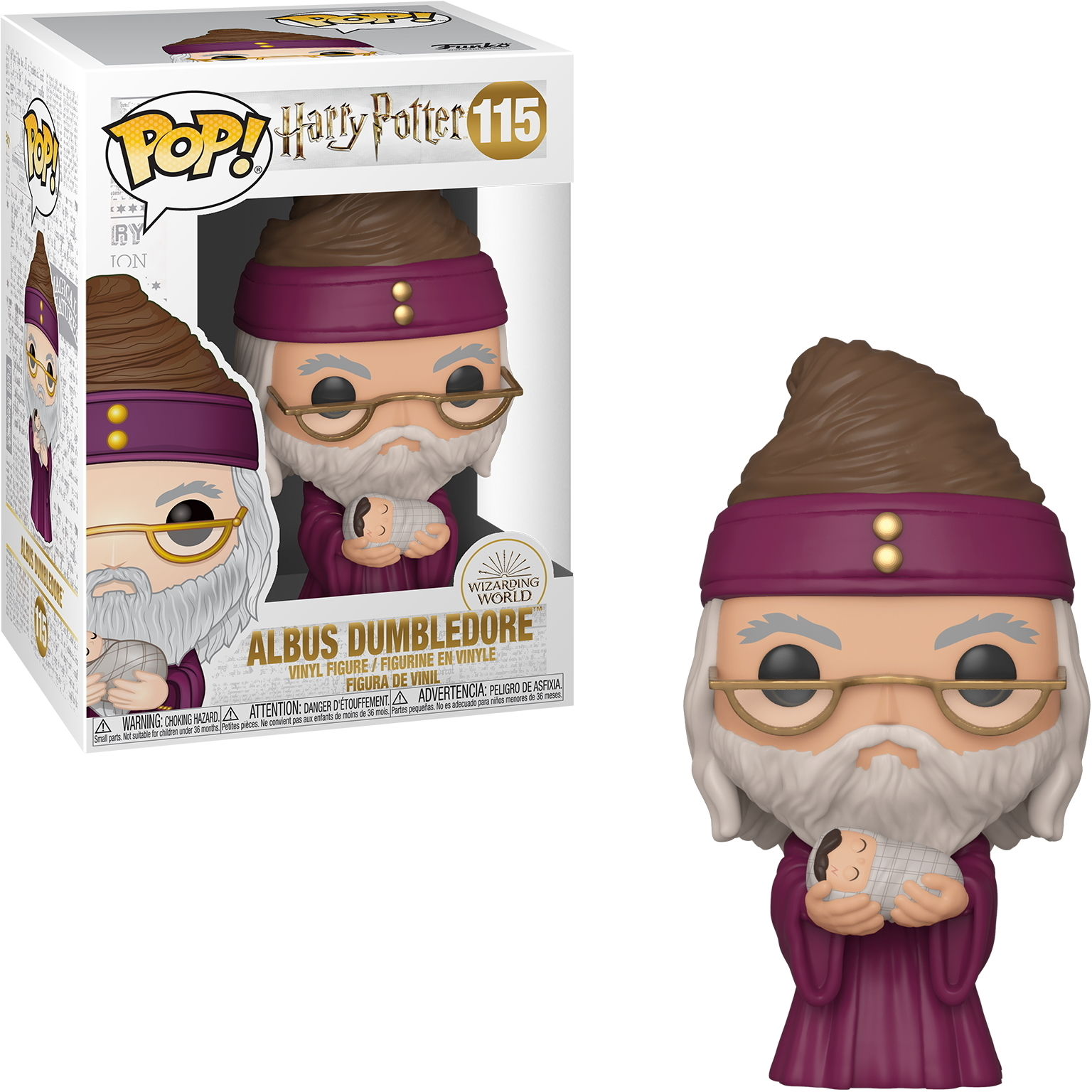 Figura di Albus Silente Funko Pop che tiene in braccio un bambino. Indossa una veste viola e occhiali. Scatola inclusa.