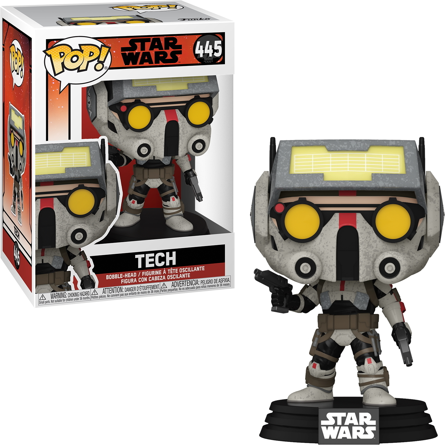 Tech Funko Pop-Figur aus Star Wars. Es ist eine Figur, die eine Waffe hält.