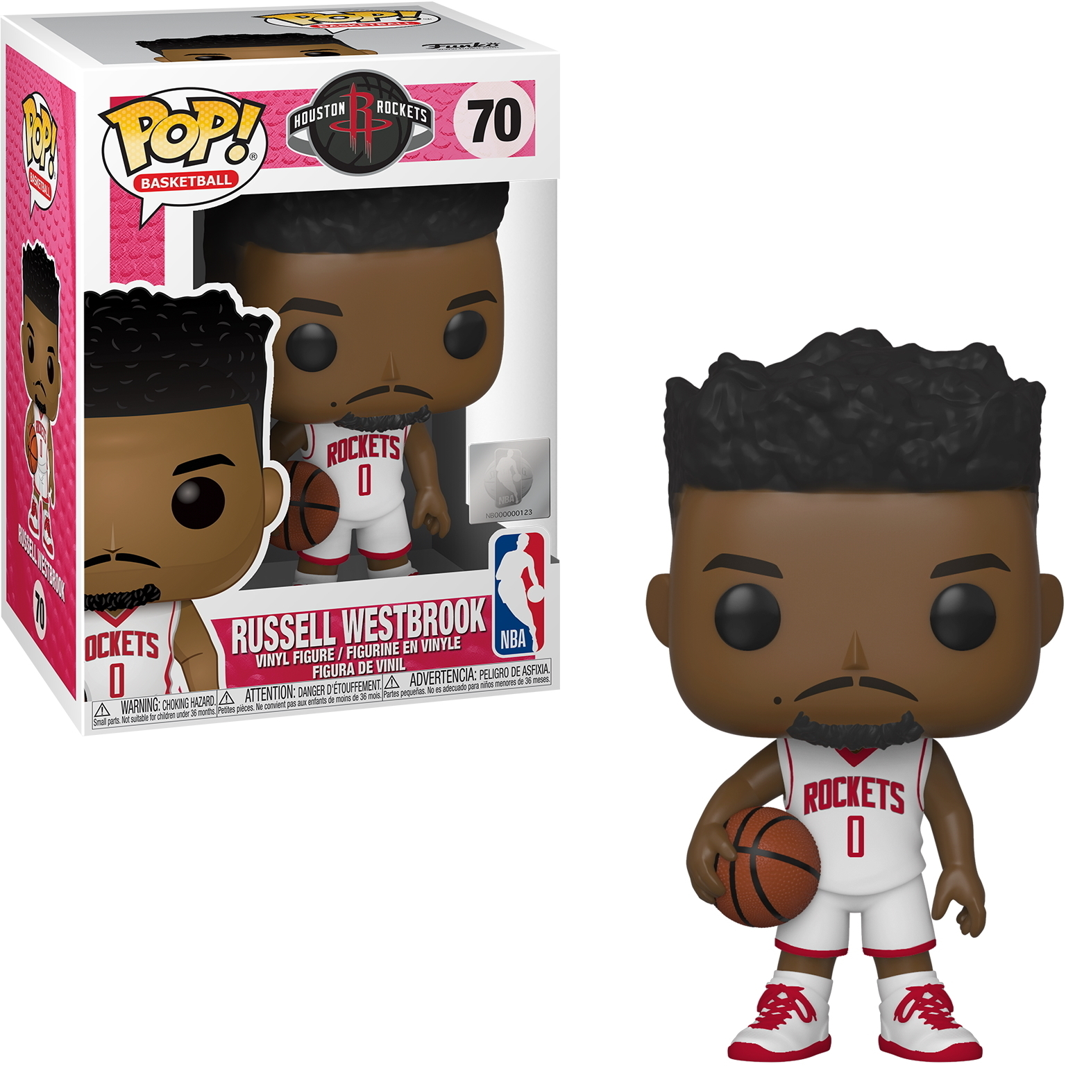 Funko Pop Figur von Russell Westbrook im Rockets-Trikot, mit Box-Art.