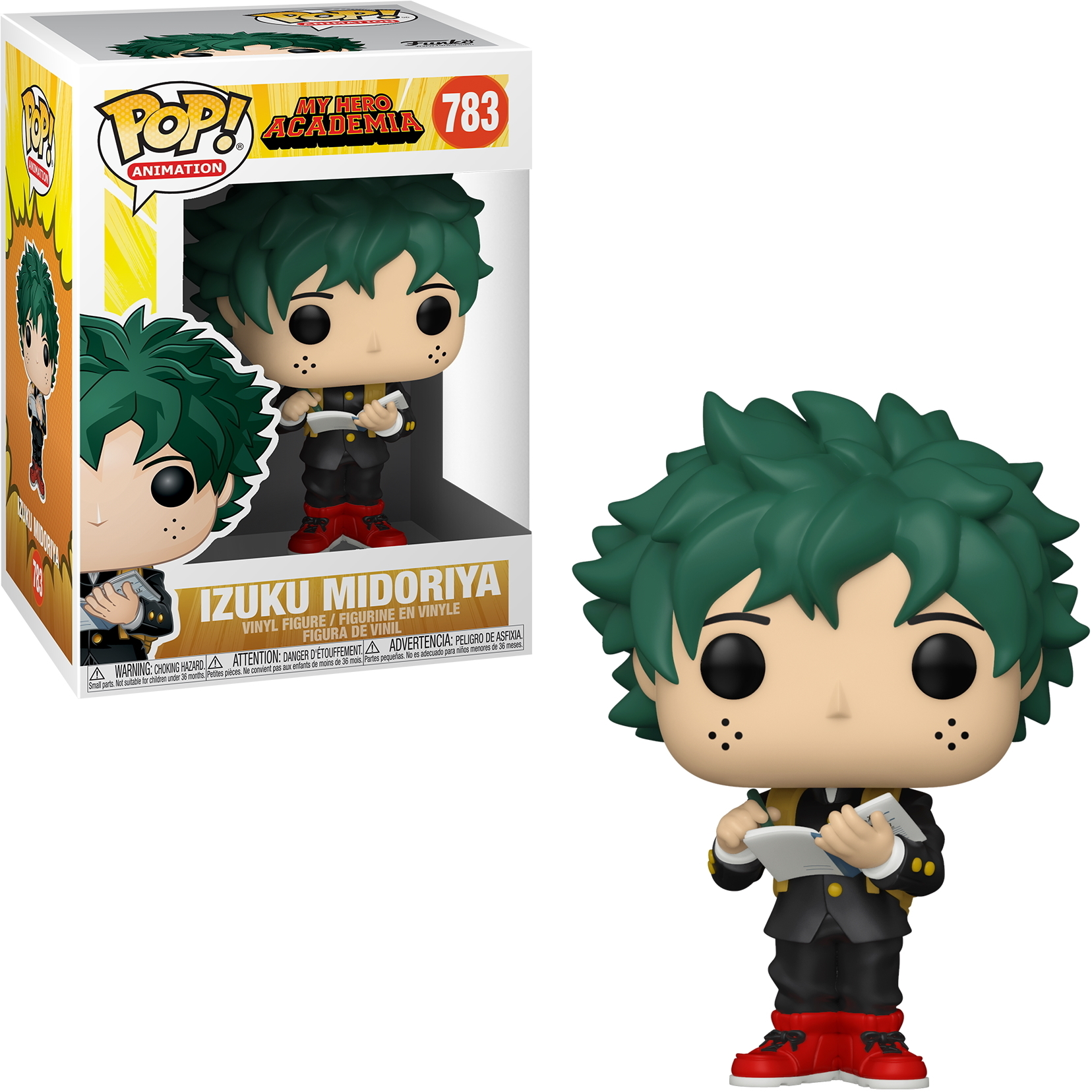 Funko Pop-Figur von Izuku Midoriya aus My Hero Academia, der ein Notizbuch hält, und eine Box.