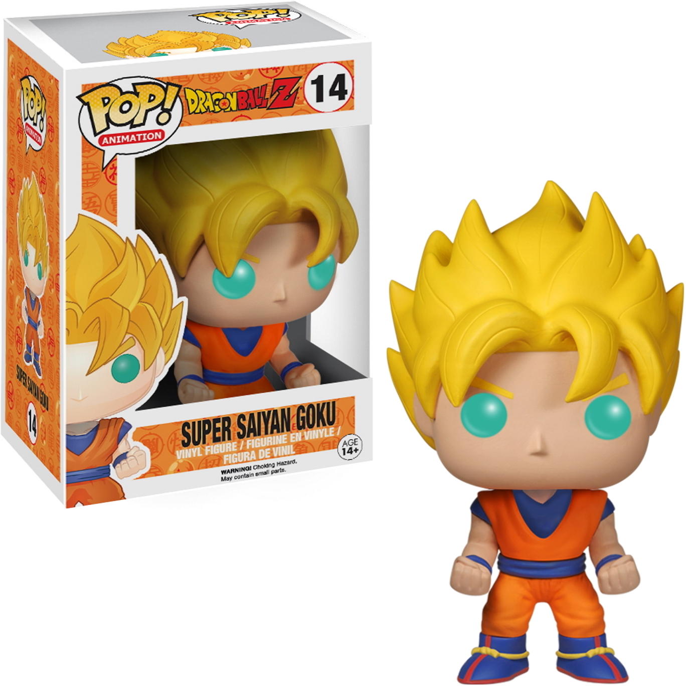 Figurka Goku z Dragon Ball Z, w pudełku i poza nim, pomarańczowy i niebieski strój.