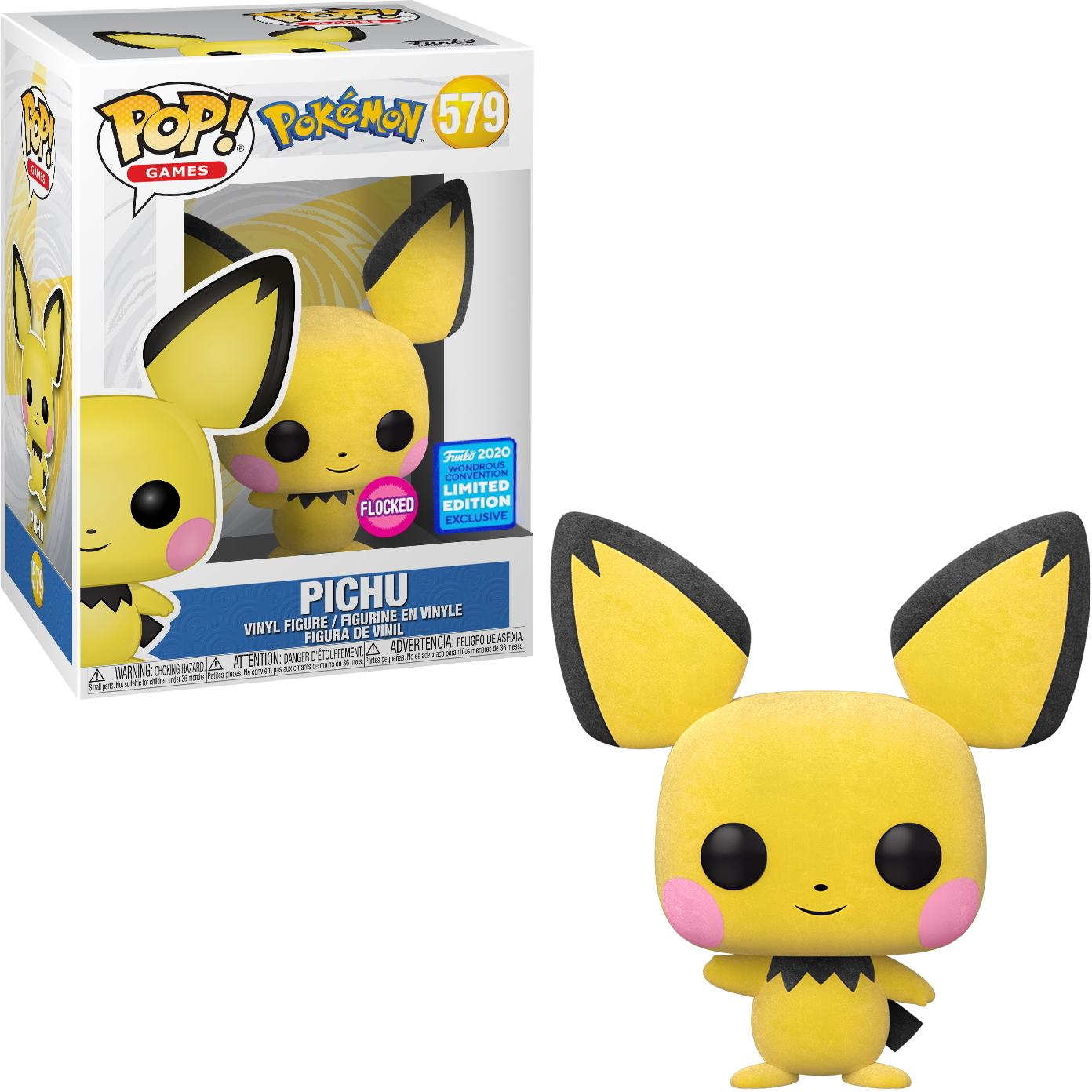 Eine gelbe Pichu Funko Pop Figur in einer Box. Die Figur hat rosa Wangen und schwarze Augen.