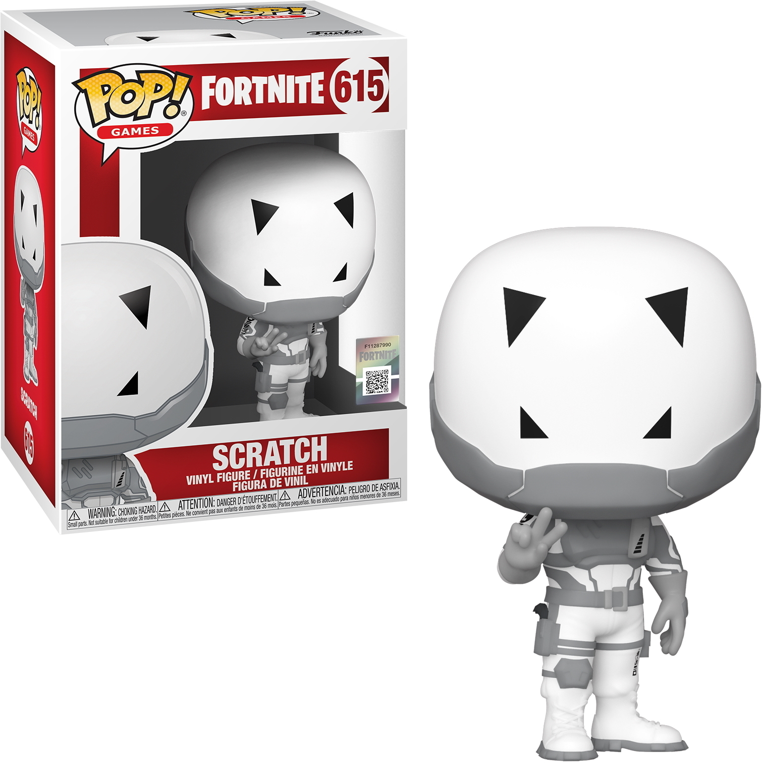 Scratch Fortnite Funko Pop! figura in scatola e come figura, con elmetto e tuta bianchi.