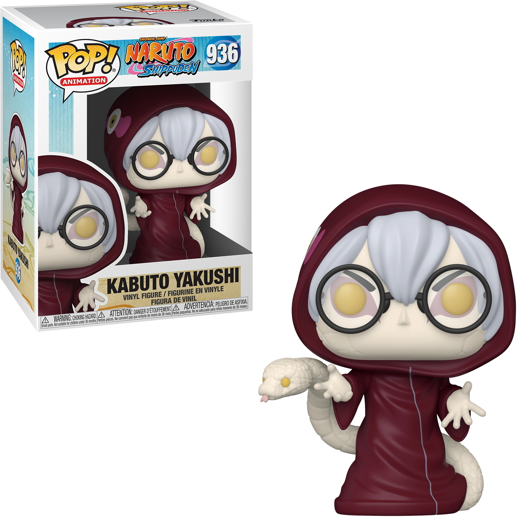Una statuetta in vinile Pop! di Kabuto Yakushi da Naruto, in una scatola e fuori.