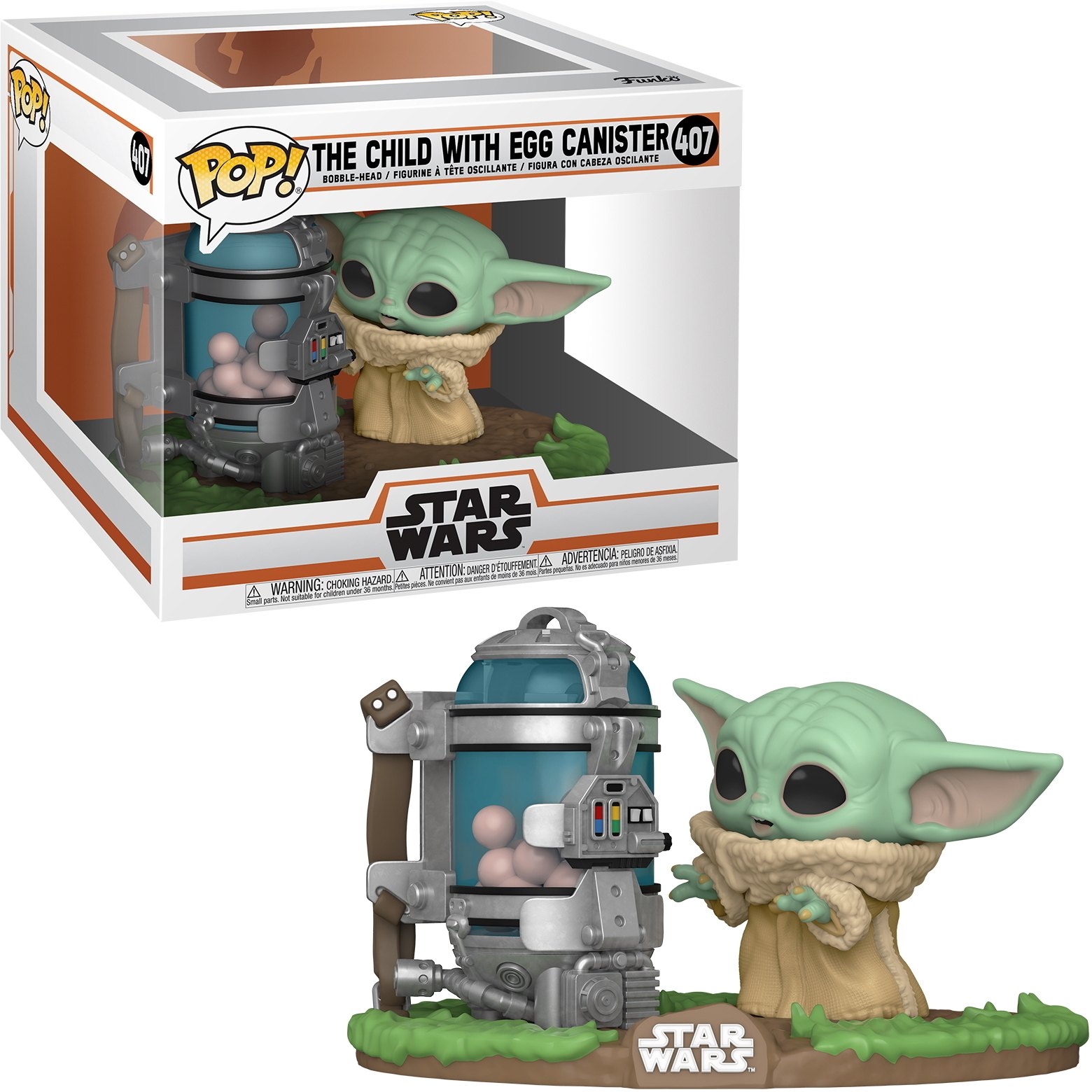 Funko Pop! Figur von The Child mit einem Eierbehälter. Box links.
