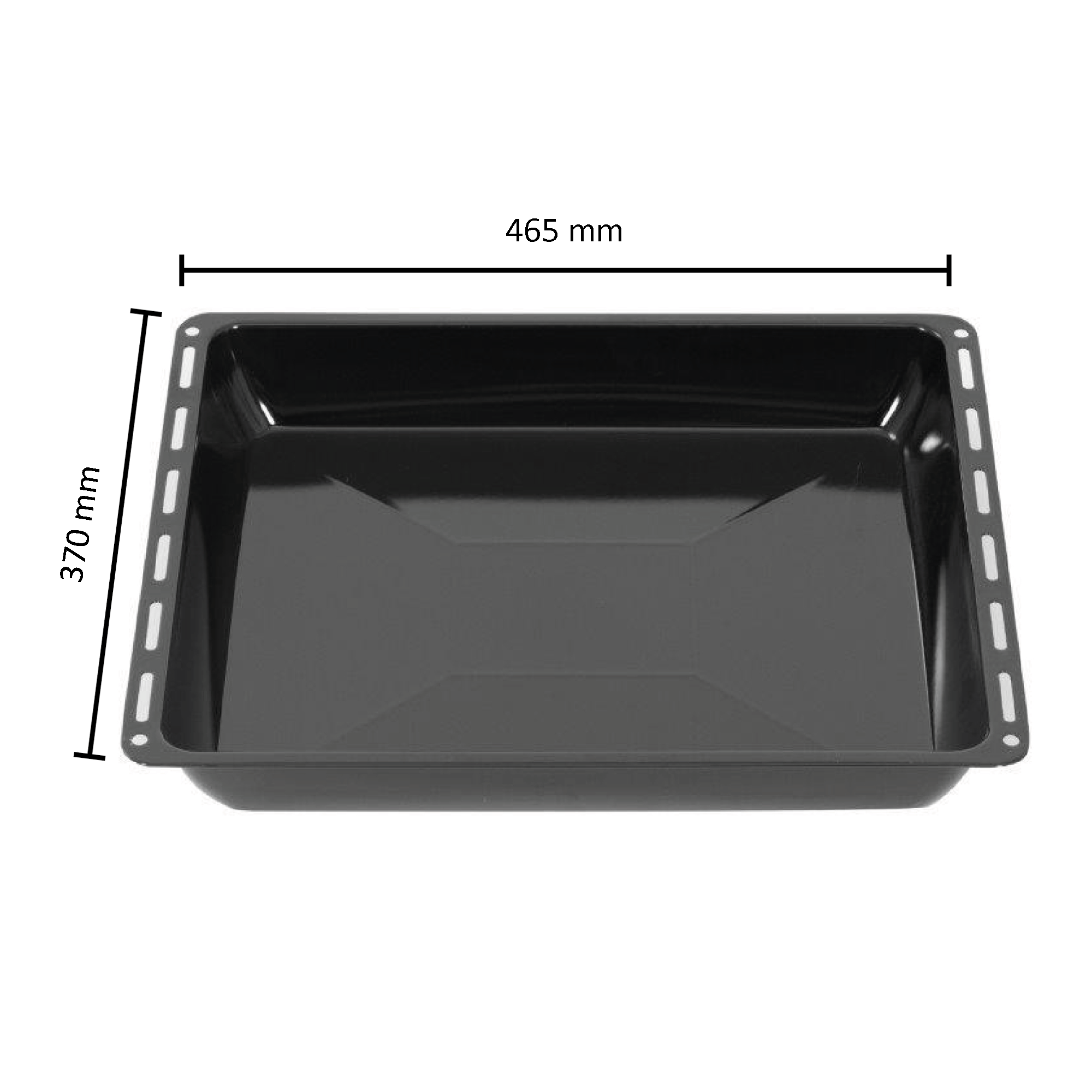 Schwarzes Backblech mit Maßen. 465 mm x 370 mm, auf weißem Hintergrund.