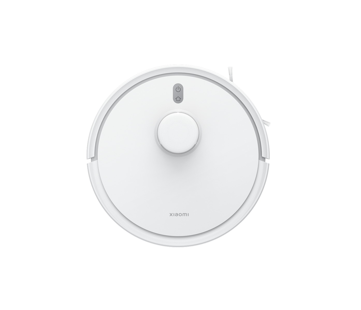 Biały odkurzacz automatyczny, widok z góry na czarnym tle.