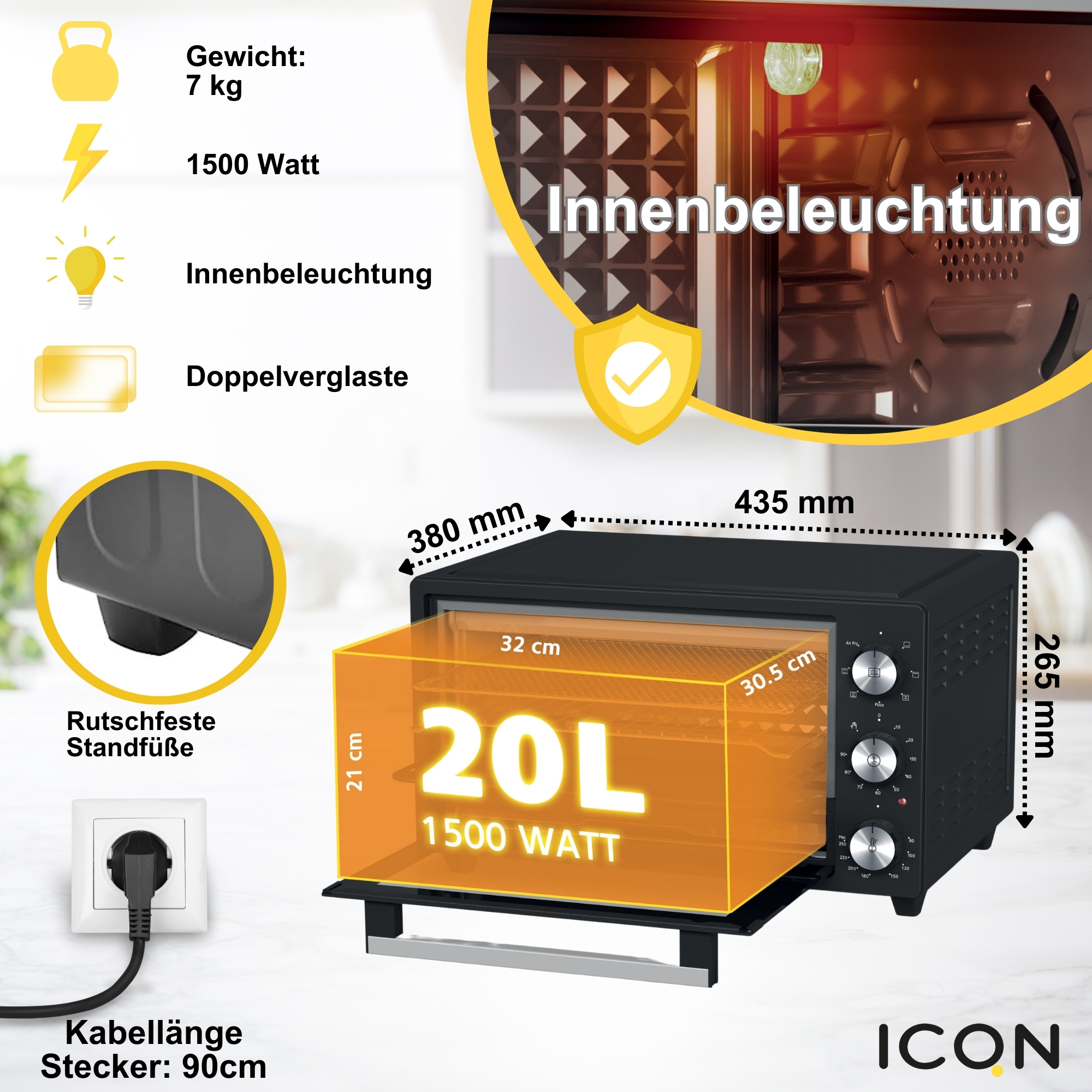 Un forno nero con dimensioni ed etichette che mostrano le sue caratteristiche, inclusa una capacità di 20L.