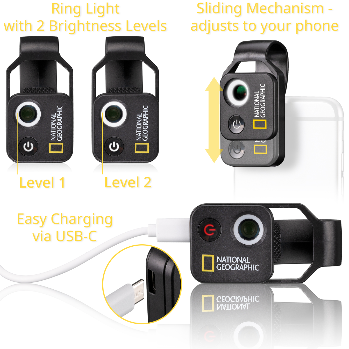 Kit de anillo de luz National Geographic, con dos niveles de brillo y puerto de carga USB-C.