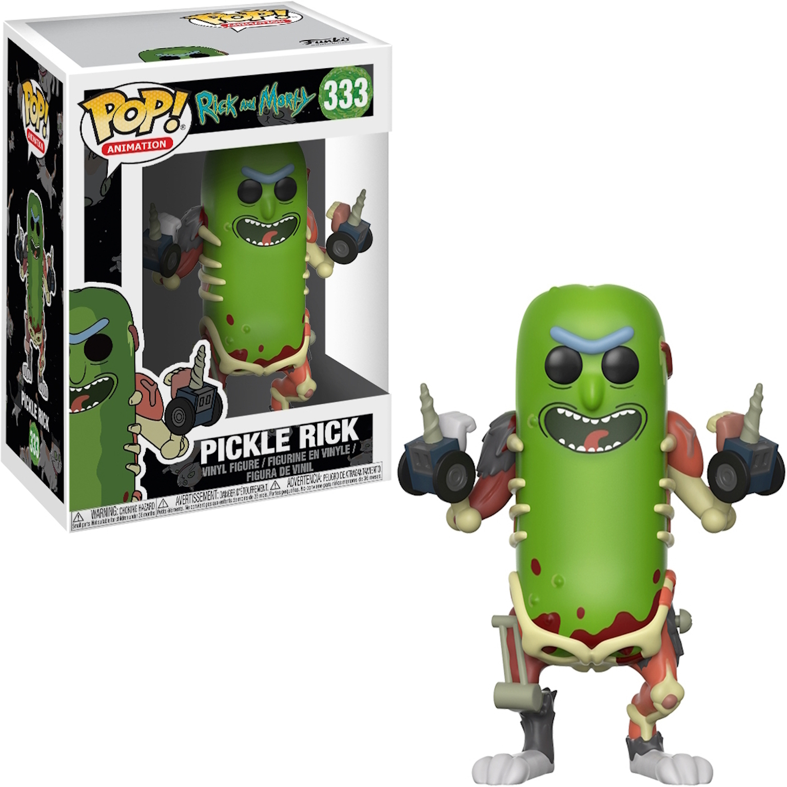 Pickle Rick Figur in einer Box. Grünes Gurken mit Roboterarmen. Weißer Hintergrund.