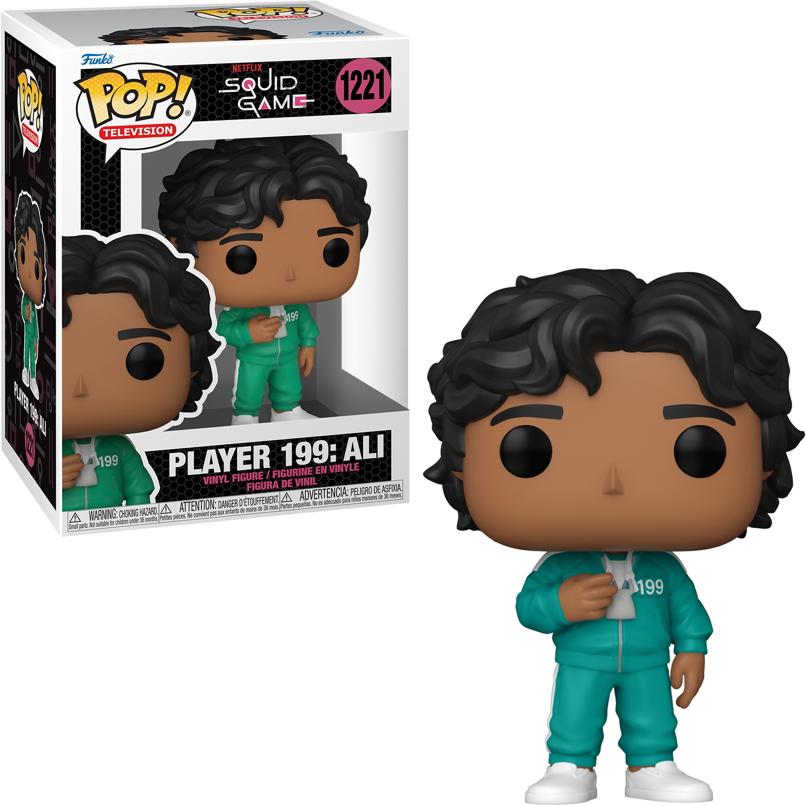 Squid Game, figura Funko Pop di Ali. Abito verde, tiene in mano una carta, con scatola.