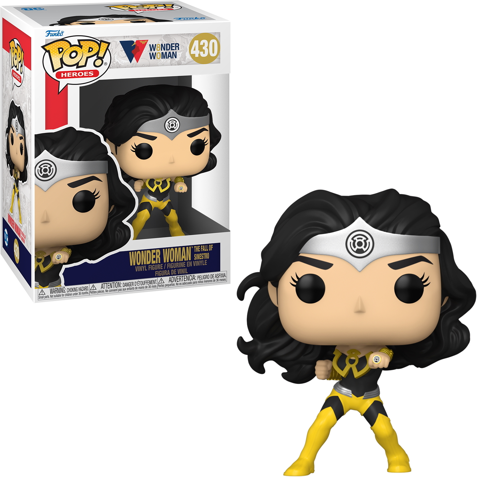 Figura Funko Pop di Wonder Woman in scatola. La figura è Wonder Woman in abito giallo e nero.