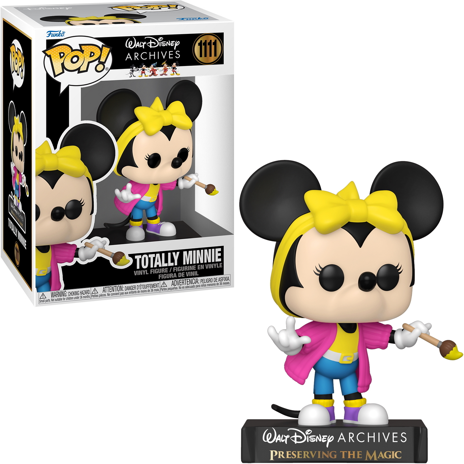 Eine Minnie Mouse Funko Pop Figur und ihre Box. Minnie hält einen Pinsel und trägt eine gelbe Schleife.