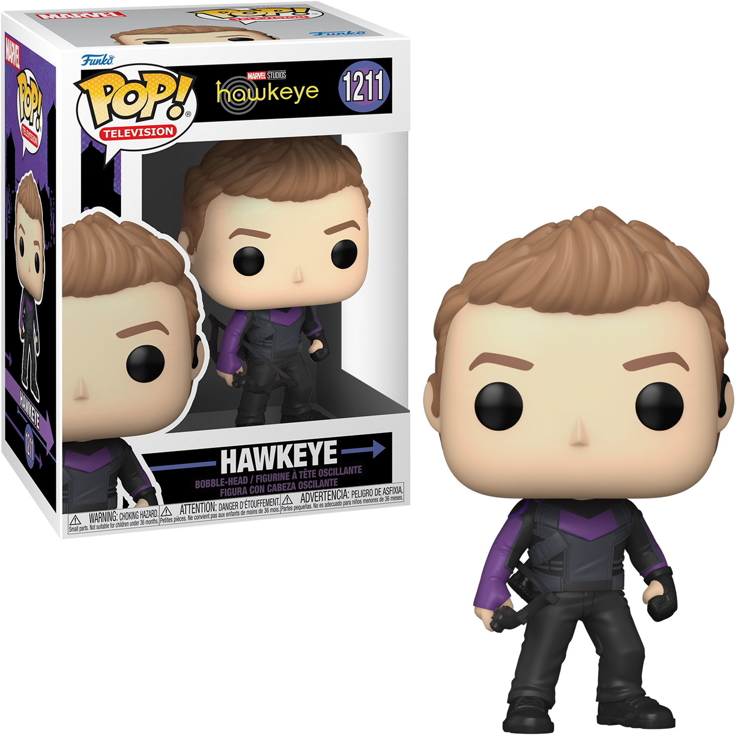 Una figura Funko Pop di Hawkeye della Marvel, con una scatola che mostra la figura. Hawkeye è in costume.