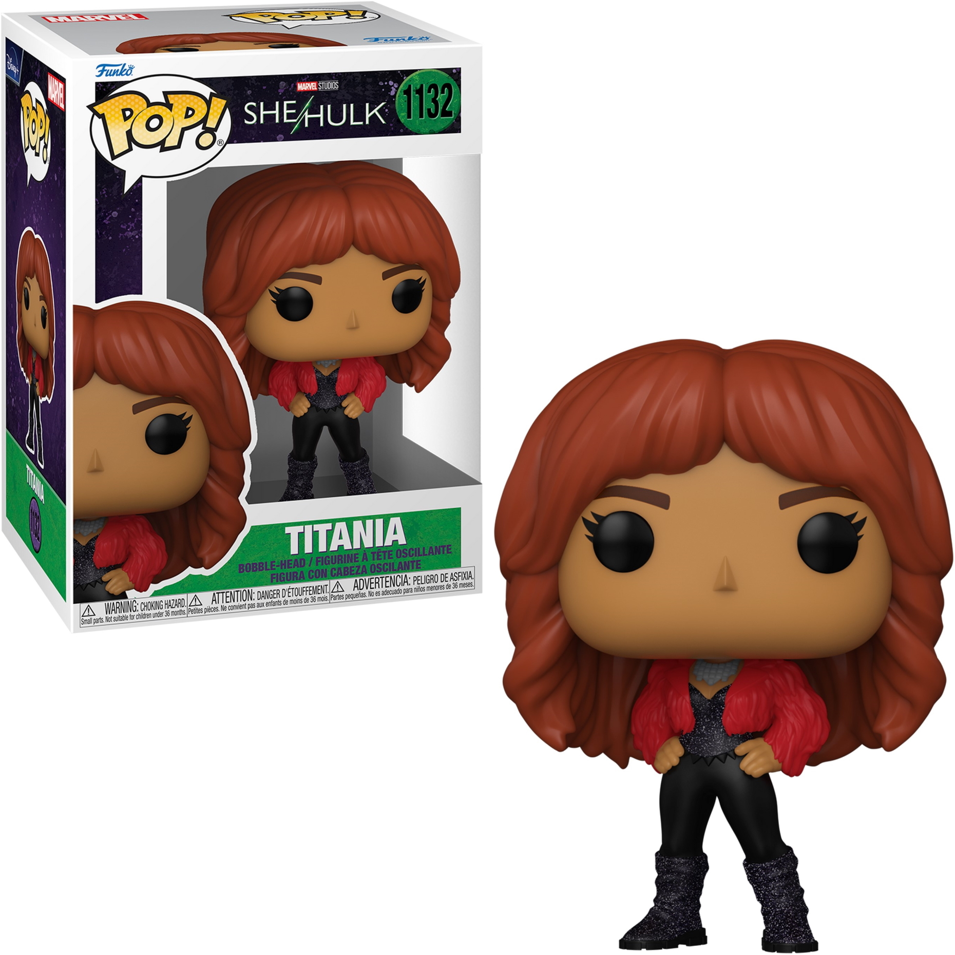 Ein Funko Pop von Titania aus She-Hulk. Die Figur befindet sich in der Box, und die Box wird angezeigt.