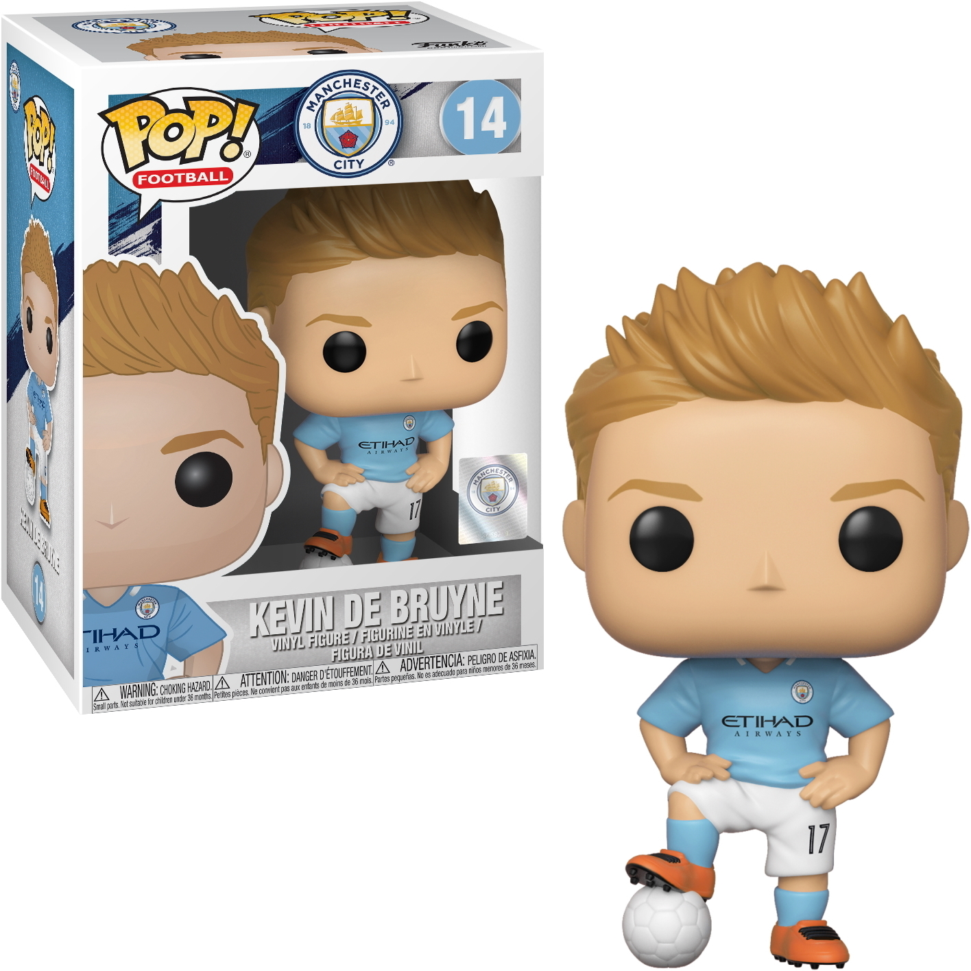 Figurka Kevina De Bruyne Funko Pop w pudełku. Nosi jasnoniebieską koszulkę i stoi z piłką.