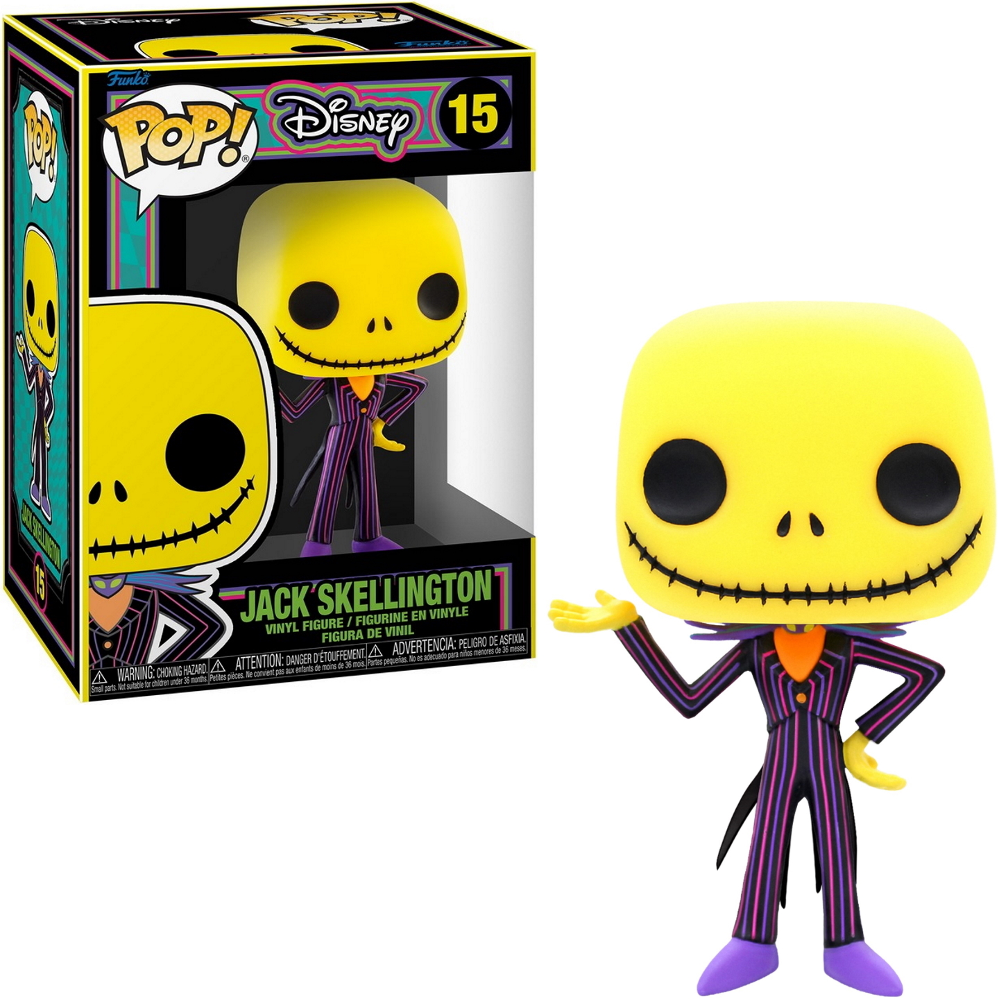 Statuetta di Jack Skellington in una scatola. È giallo, indossa un abito nero e viola e sorride.