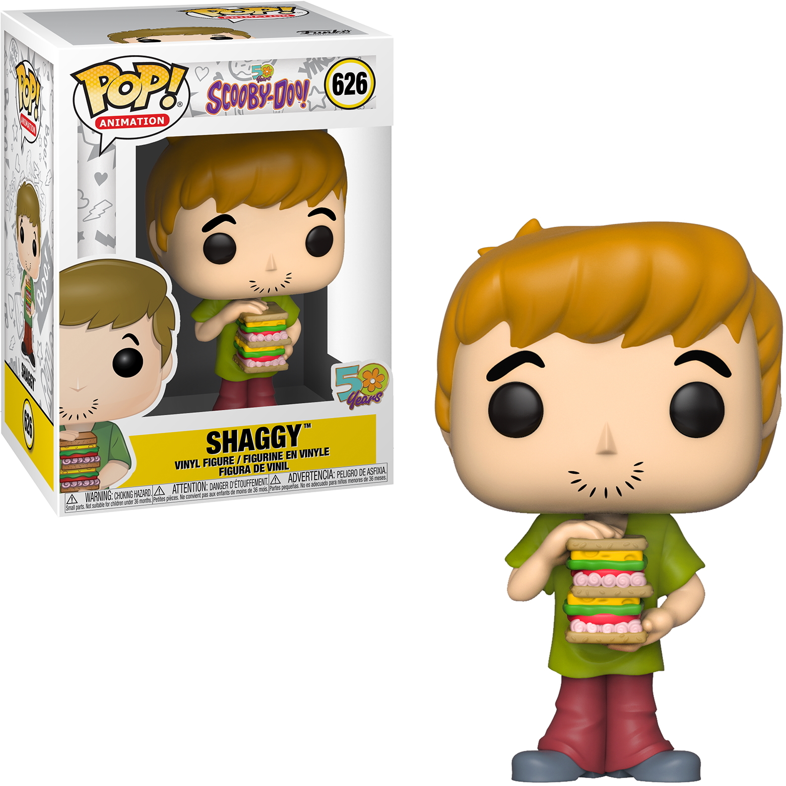 Shaggy Funko Pop Figur mit Sandwich. Box im Hintergrund.