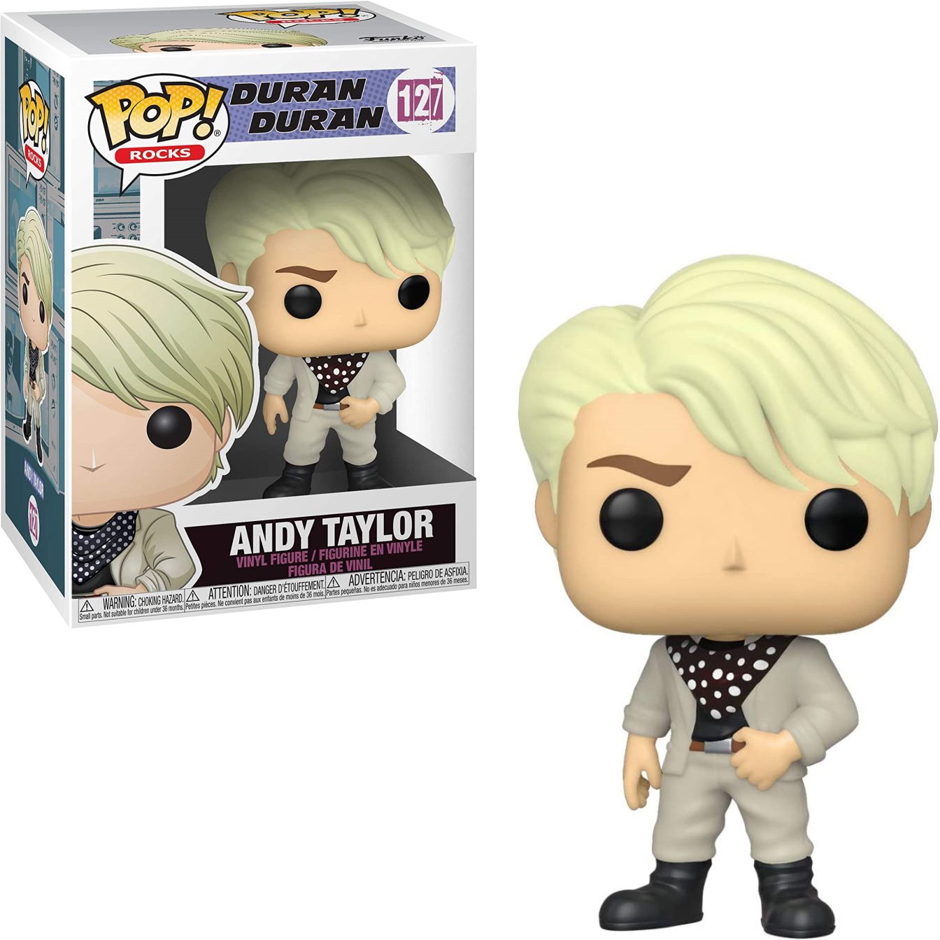 Figura Funko Pop di Andy Taylor dei Duran Duran, in una scatola e esposta singolarmente.