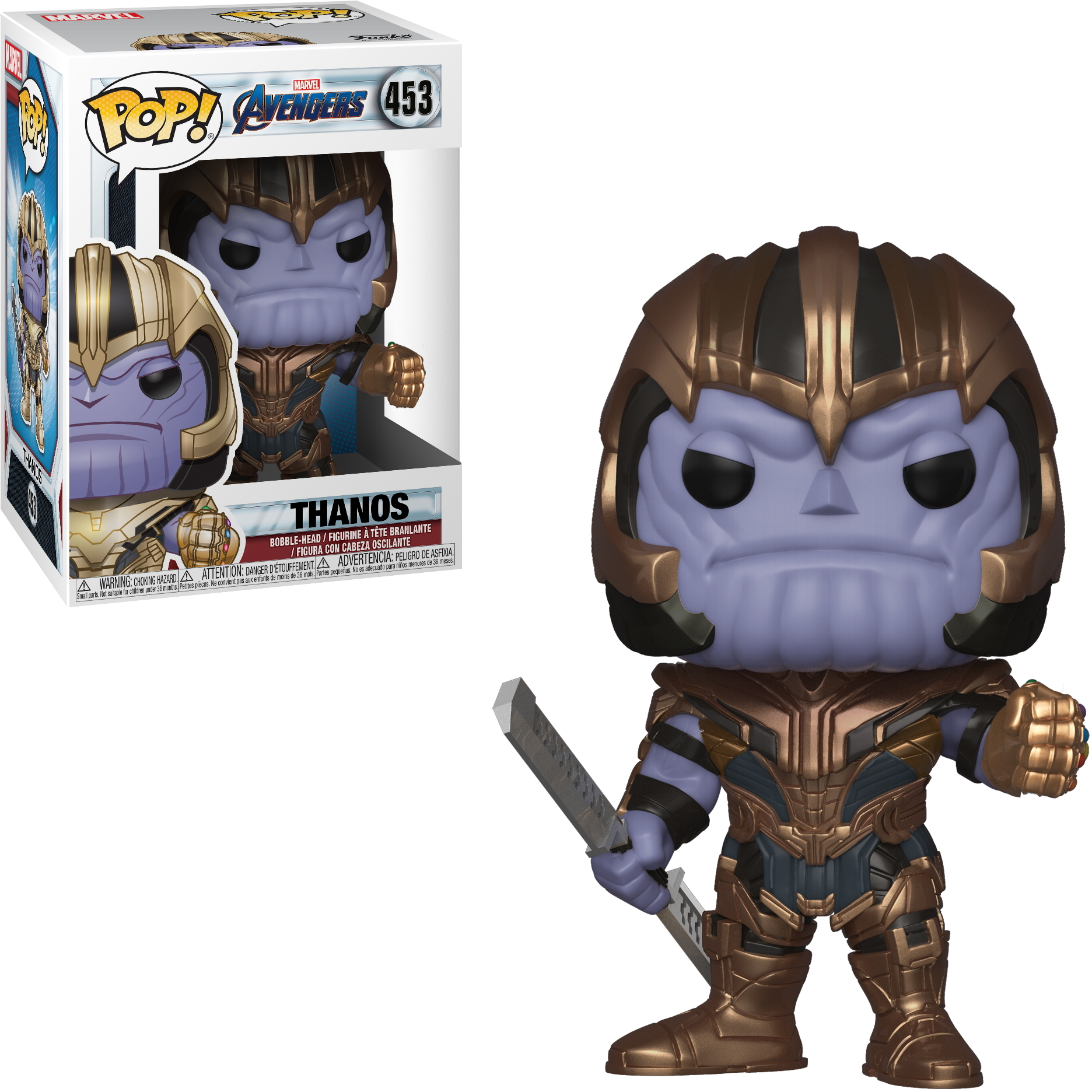 Figura Funko Pop di Thanos con scatola. Thanos in armatura dorata e spada.