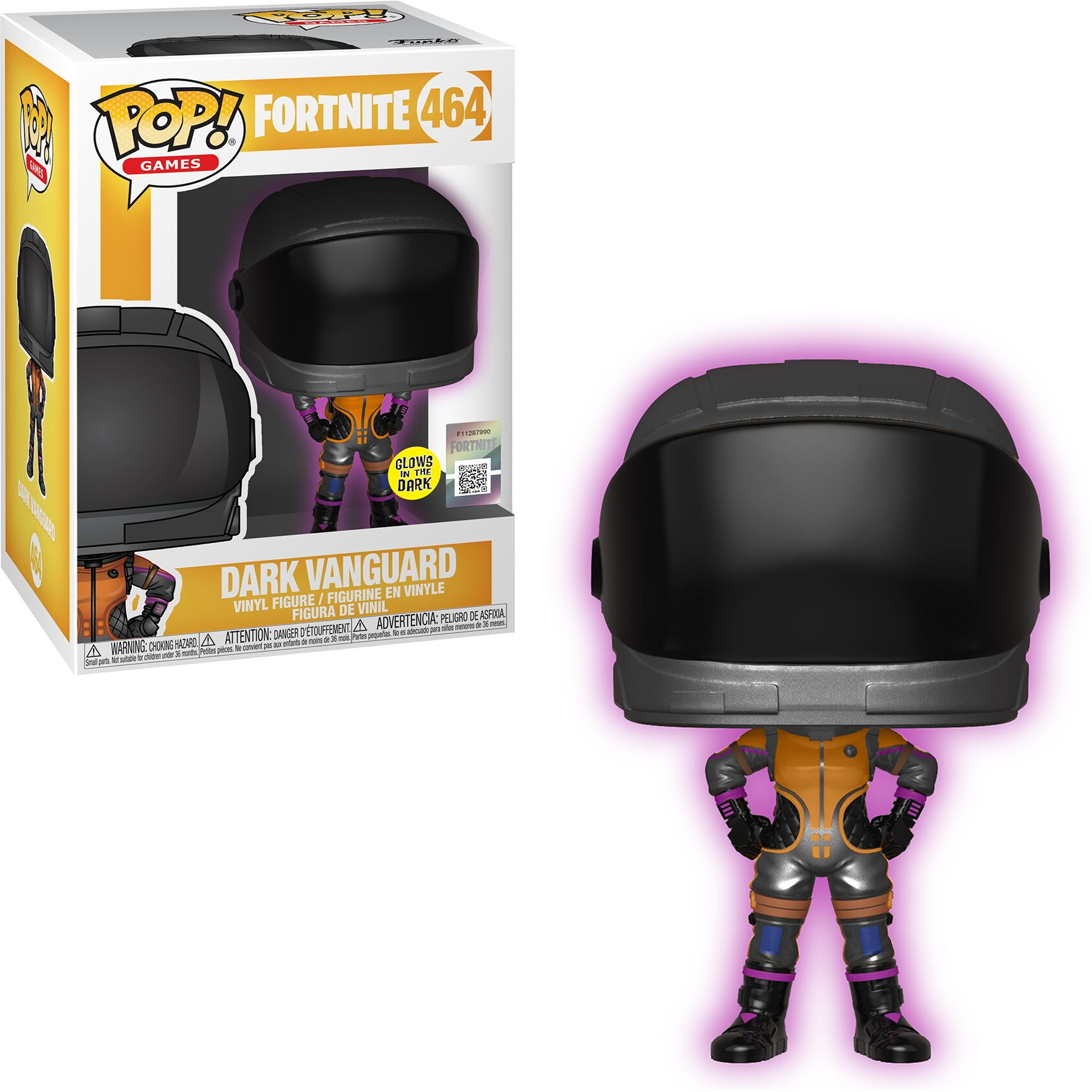 Fortnite-Figur in Box und draußen. Figur ist schwarz behütet mit Leuchteffekt.