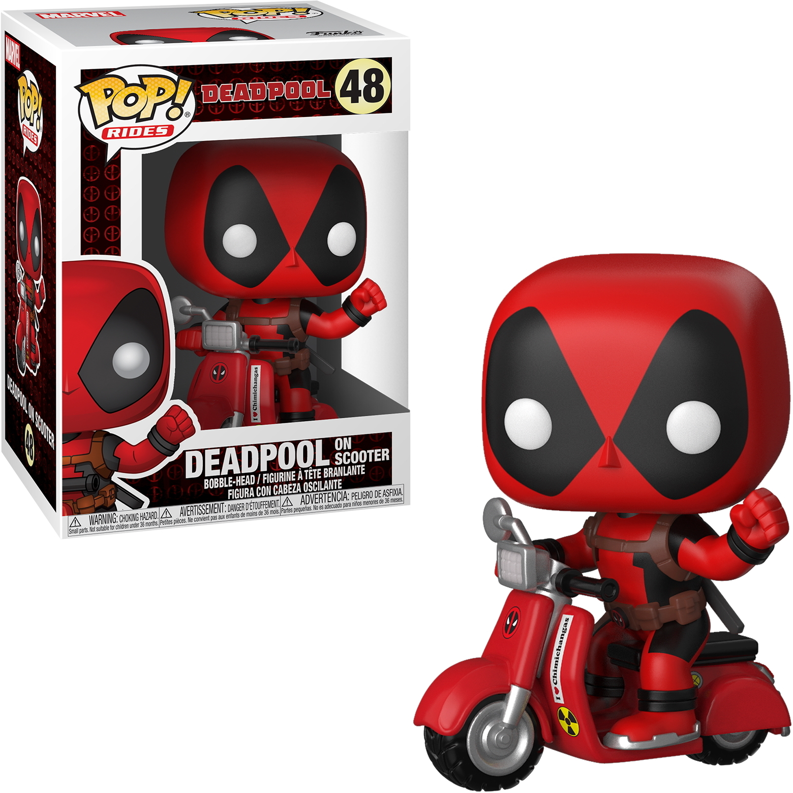 Figurka Funko Pop Deadpool na czerwonym skuterze. Pudełko po lewej.